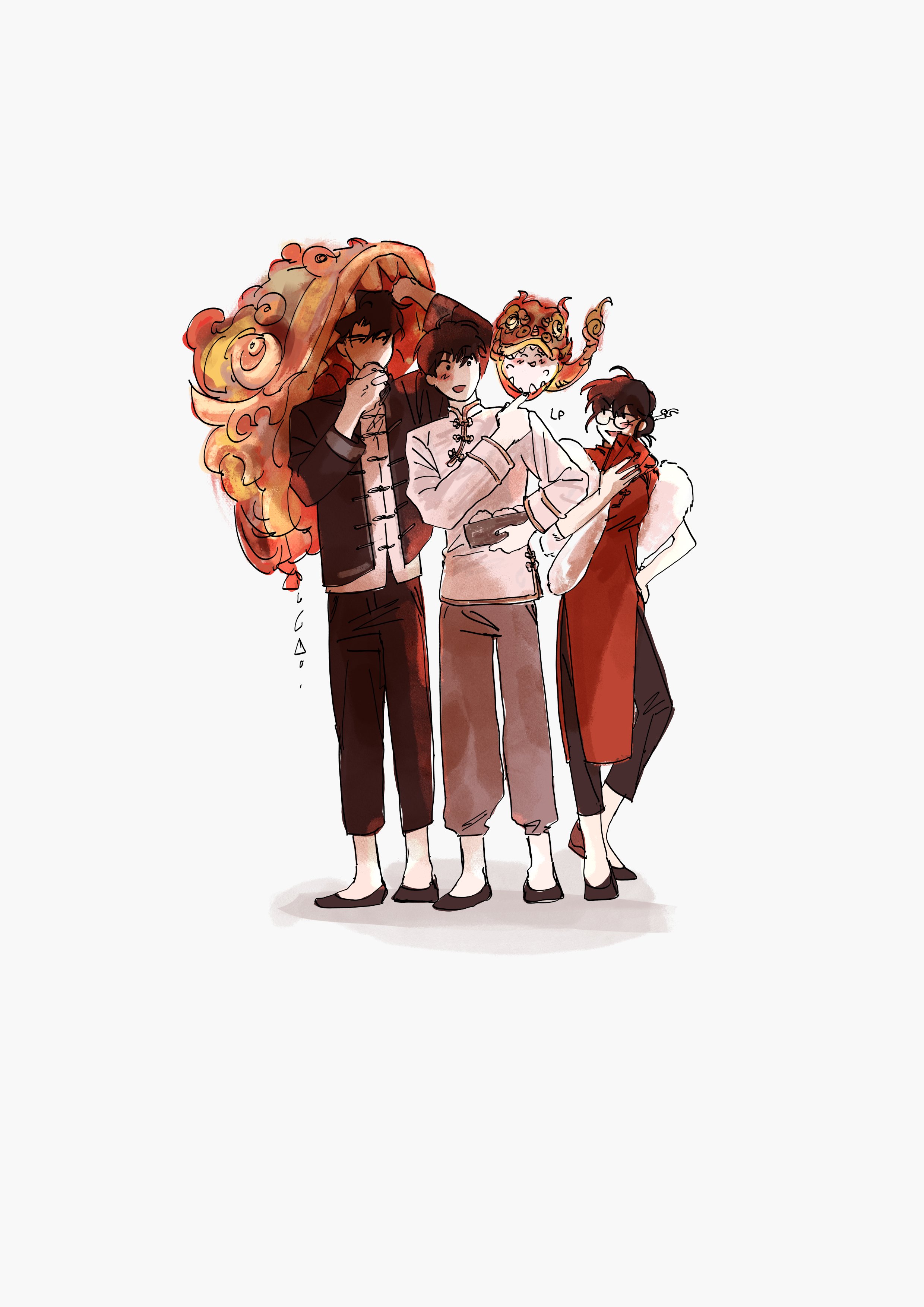 lp (sangkuranak), biyoo (omniscient reader's viewpoint), han sooyoung, kim dokja, yoo joonghyuk, omniscient reader's viewpoint, absurdres, clothing request, highres, 1girl, 2boys, :d, animal costume, black hair, black jacket, box, chinese clothes, chinese new year, dragon, dragon costume, dress, dumpling, eastern dragon, food, full body, fur collar, glasses, hand fan, hand on own chin, holding, holding box, holding fan, jacket, multiple boys, open mouth, oversized object, pelvic curtain, pointing, red dress, shirt, short hair, side slit, smile, standing, white shirt