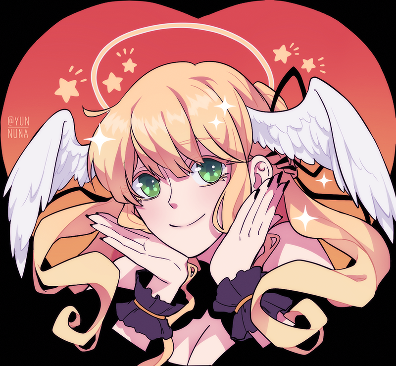 ginsan, uriel (omniscient reader's viewpoint), omniscient reader's viewpoint, 1girl, above-cleavage cutout, black dress, blonde hair, blunt bangs, breasts, cleavage, clothing cutout, dress, green eyes, hair ribbon, halo, hand on own chin, head wings, heart, looking at viewer, ribbon, short hair, sidelocks, smile, solo, sparkle, twintails, upper body, wide-eyed, wings, wrist cuffs