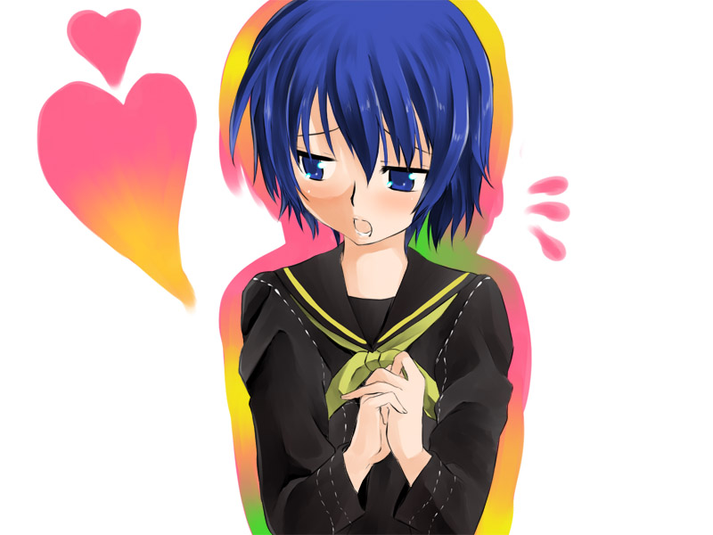 koue, sora megumu, shirogane naoto, atlus, persona, persona 4, bad id, bad pixiv id, 1girl, blue eyes, blue hair, blush, female focus, heart, matching hair/eyes, open mouth, school uniform, serafuku, short hair, solo