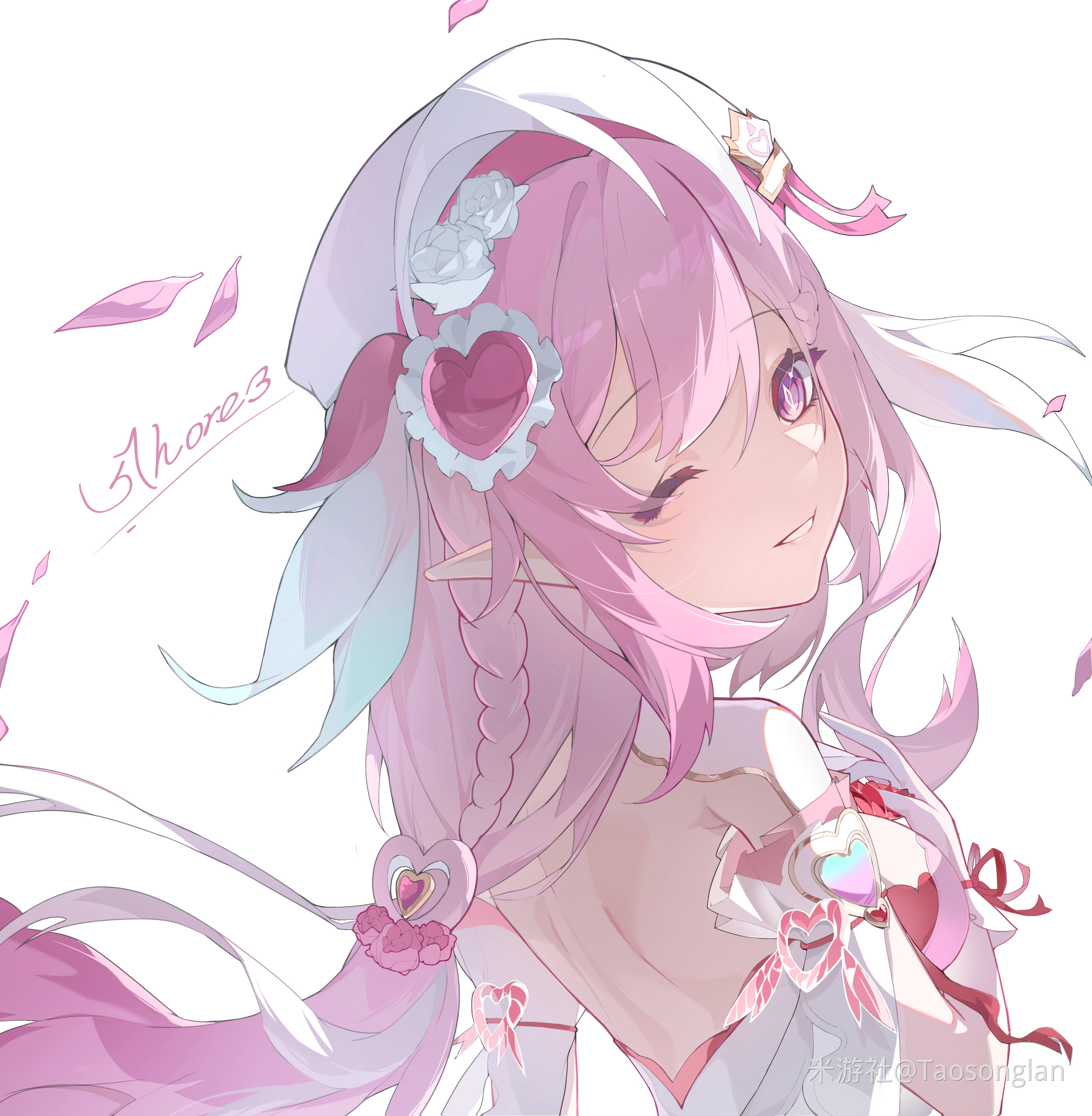 taosonglan, elysia (hi love elf) (honkai impact), elysia (honkai impact), honkai (series), honkai impact 3rd, absurdres, chinese commentary, commentary request, highres, 1girl, ;), back, beret, diamond-shaped pupils, diamond (shape), elf, from behind, gloves, hat, long hair, looking at viewer, miyoushe watermark, multicolored hair, one eye closed, pink hair, pointy ears, purple eyes, simple background, smile, solo, symbol-shaped pupils, two-tone hair, very long hair, watermark, white background, white gloves, white hair