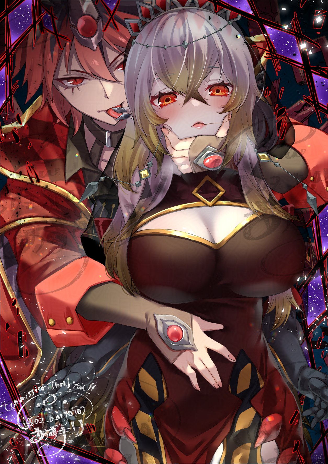 az (colorb05), aluber (yu-gi-oh!), aluber the jester of despia, blazing cartesia the virtuous, ecclesia (yu-gi-oh!), the bystial aluber, yu-gi-oh!, highres, 1boy, 1girl, black hair, black veil, blonde hair, blush, breasts, checkered clothes, cleavage, cleavage cutout, clothing cutout, dress, duel monster, hair between eyes, hair ornament, hand on another's chin, hand on another's stomach, large breasts, long hair, long sleeves, looking at viewer, multicolored hair, parted lips, red dress, red eyes, red hair, smile, tongue, tongue out, veil, very long hair, white hair