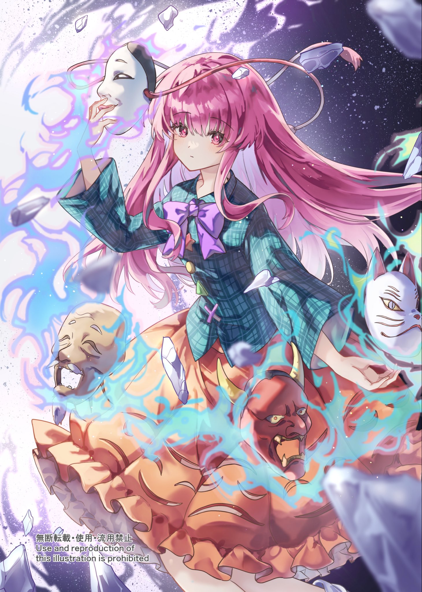 nanop38, hata no kokoro, touhou, highres, 1girl, blush, bow, bowtie, breasts, bubble skirt, expressionless, fox mask, hat, long hair, long sleeves, looking at viewer, mask, mask on head, open mouth, pink eyes, pink hair, plaid clothes, plaid shirt, shirt, short hair, skirt, solo