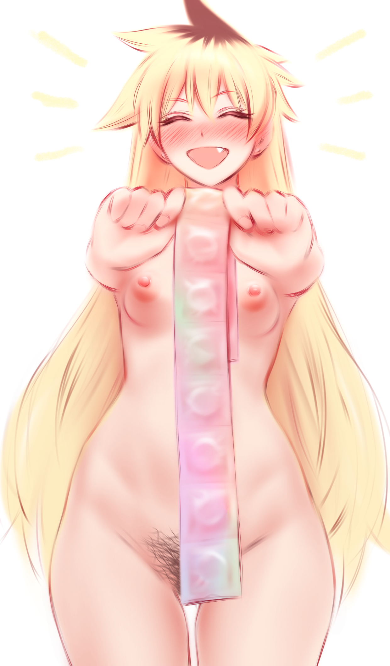 shpo, wakeari shinrei mansion, highres, 1girl, arms up, black pubic hair, blonde hair, blush, breasts, brown hair, closed eyes, condom, condom packet strip, condom wrapper, convenient censoring, cowboy shot, earrings, facing viewer, fang, female pubic hair, groin, happy, holding, holding condom, jewelry, long hair, mismatched pubic hair, multicolored hair, nipples, nose blush, nude, open mouth, outstretched arms, pubic hair, shinonome kaori, small breasts, smile, solo, stomach, straight-on, stud earrings, two-tone hair, very long hair