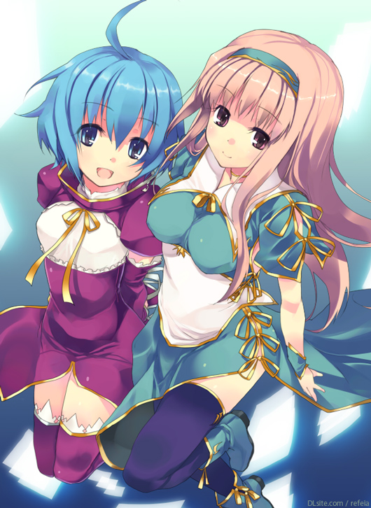 refeia, dille blood, elle sweet, dlsite.com, original, 2girls, ahoge, arms behind back, blue eyes, blue hair, blue thighhighs, boots, detached sleeves, dress, flat chest, hairband, leg lift, long hair, mascot, multiple girls, pink eyes, pink hair, purple thighhighs, ribbon, short hair, smile, thighhighs, watermark, zettai ryouiki