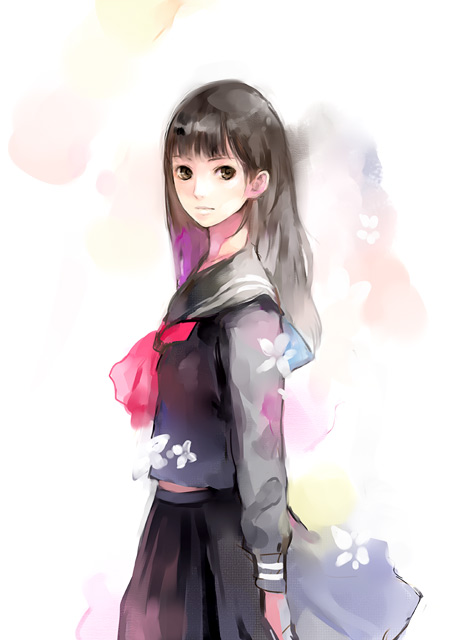 kishida mel, original, 1girl, black hair, black serafuku, black skirt, blunt bangs, brown eyes, female focus, flower, hime cut, long hair, looking at viewer, pleated skirt, sailor collar, school uniform, serafuku, simple background, skirt, solo, white background