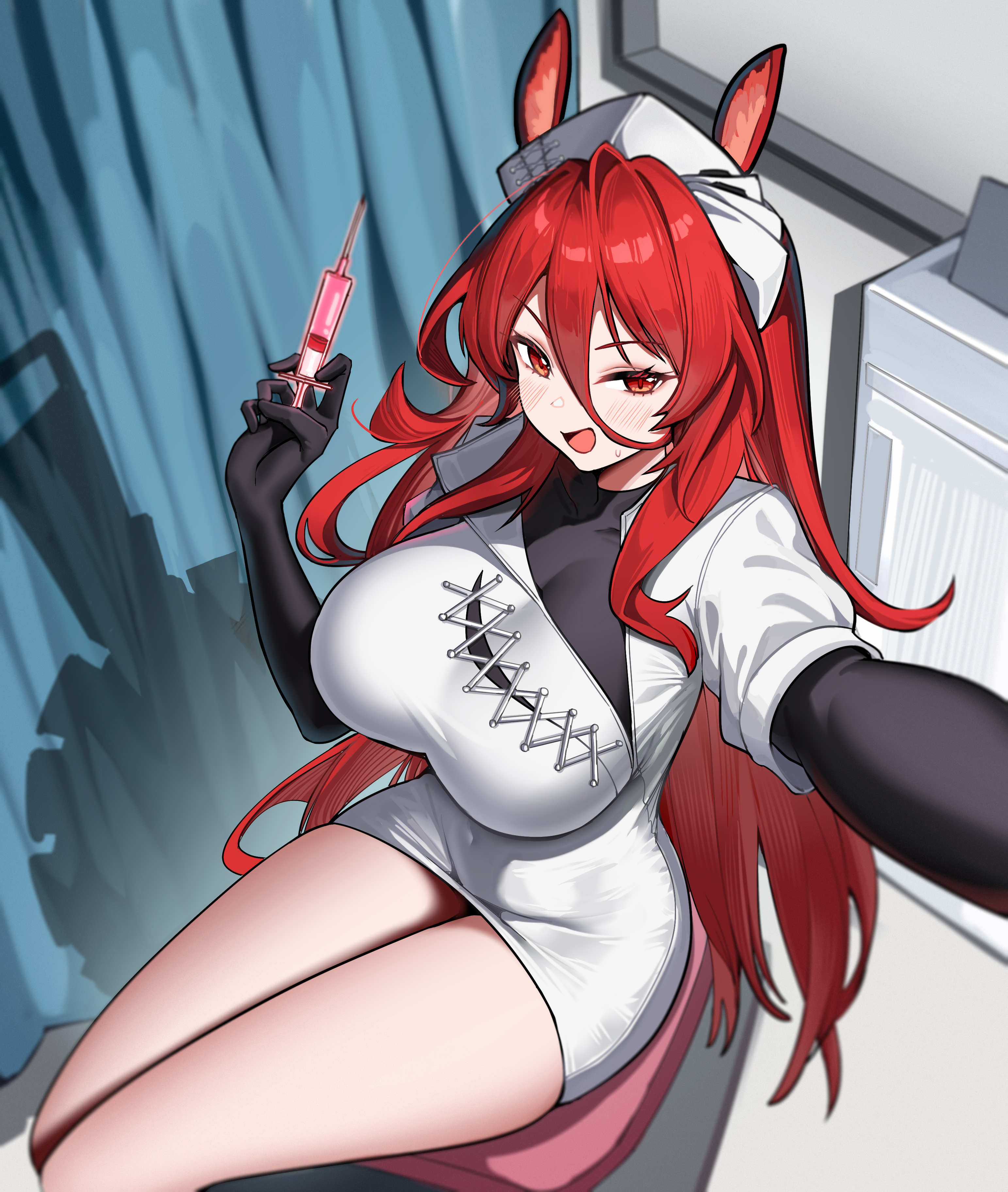 dishui tangni, narantuya (arknights), arknights, black bodystocking, absurdres, commentary, highres, 1girl, animal ears, blush, breasts, chair, circular saw, covered collarbone, covered navel, criss-cross strings, curtains, dress, from above, hair between eyes, hand up, hat, holding, holding syringe, horse ears, horse girl, indoors, large breasts, long hair, long hair between eyes, looking at viewer, narantuya (the chainsaw nurse) (arknights), nurse, nurse cap, official alternate costume, on chair, open mouth, orange eyes, outstretched arm, red hair, saw, see-through cleavage, see-through clothes, sidelocks, silhouette, sitting, solo, sweatdrop, syringe, thighs, very long hair, white dress, window