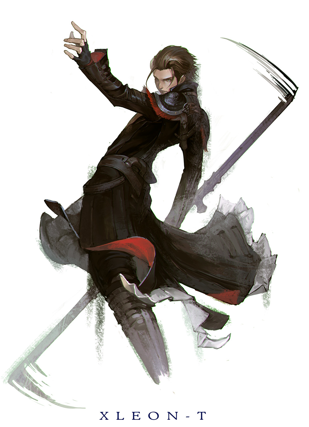 xleontan, viper (final fantasy), warrior of light (ff14), final fantasy, final fantasy xiv, highres, 1boy, artist name, black gloves, black jacket, brown hair, closed mouth, cropped legs, from side, gloves, jacket, looking ahead, motion blur, partially fingerless gloves, short hair, simple background, solo, swinging weapon, white background