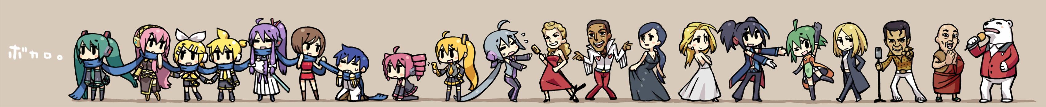 chan co, leon, akita neru, big al, delay lama, fl-chan, hatsune miku, kagamine len, kagamine rin, kaito (vocaloid), kamui gakupo, kasane teto, kasane teto (utau), leon (vocaloid), lola, lola (vocaloid), megurine luka, meiko (vocaloid), miriam (vocaloid), polar bear chaos, prima, sweet ann, yokune ruko, yowane haku, delay lama (software), fl studio, utau, vocaloid, absurdres, highres, long image, wide image, 6+boys, 6+girls, bear, blue scarf, brown background, chibi, copyright name, crossover, dark-skinned male, dark skin, everyone, high ponytail, high side ponytail, holding hands, knees together feet apart, long hair, low ponytail, miniskirt, monk, multiple boys, multiple crossover, multiple girls, music, own hands clasped, own hands together, ponytail, scarf, shared clothes, shared scarf, simple background, singing, skirt, skirt hold, standing, standing on one leg, strangling, thighhighs, very long hair