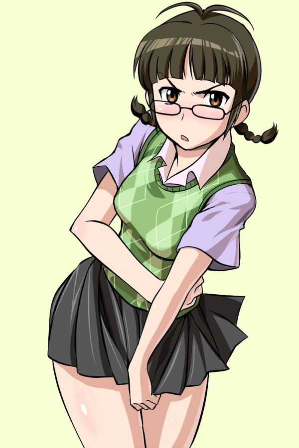 g-tetsu, akizuki ritsuko, college of angel (idolmaster), idolmaster, idolmaster (classic), idolmaster 1, 00s, 1girl, angry, antenna hair, argyle clothes, argyle sweater, argyle sweater vest, braid, cowboy shot, female focus, frown, glasses, looking at viewer, short sleeves, simple background, skirt, skirt tug, solo, sweater, sweater vest, twin braids, vest, yellow background