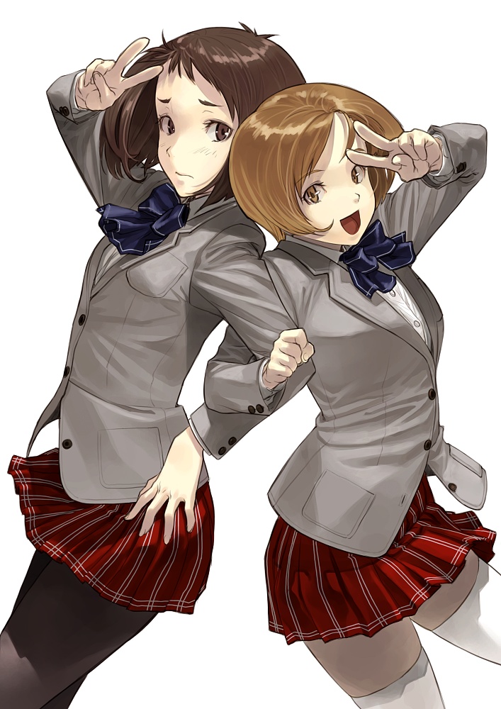shimotsuki eight, original, arm grab, light brown hair, bad id, bad pixiv id, 2girls, :d, blazer, bow, brown eyes, brown hair, buttons, embarrassed, jacket, laughing, locked arms, looking at viewer, miniskirt, multiple girls, open mouth, pantyhose, pleated skirt, school uniform, short hair, skirt, smile, thighhighs, v, white thighhighs, zettai ryouiki