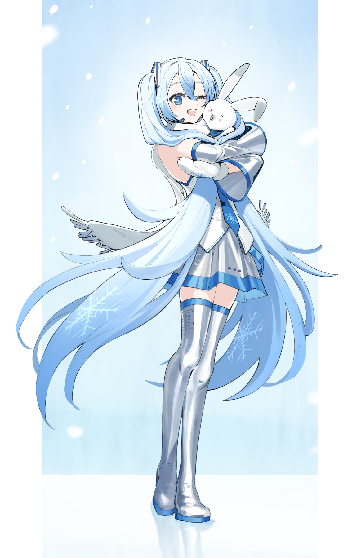 lempika, hatsune miku, rabbit yukine, yuki miku, yuki miku (2011), vocaloid, highres, 1girl, 1other, aqua hair, blue eyes, blue necktie, blue trim, blush, boots, cheek-to-cheek, detached sleeves, hair between eyes, hair ornament, heads together, headset, hug, long hair, long sleeves, looking at viewer, mittens, necktie, official alternate costume, one eye closed, open mouth, rabbit, scarf, shirt, sleeveless, sleeveless shirt, smile, snowflake print, thigh boots, thighhighs, twintails, very long hair, white mittens, white scarf, white shirt, wide sleeves, zettai ryouiki
