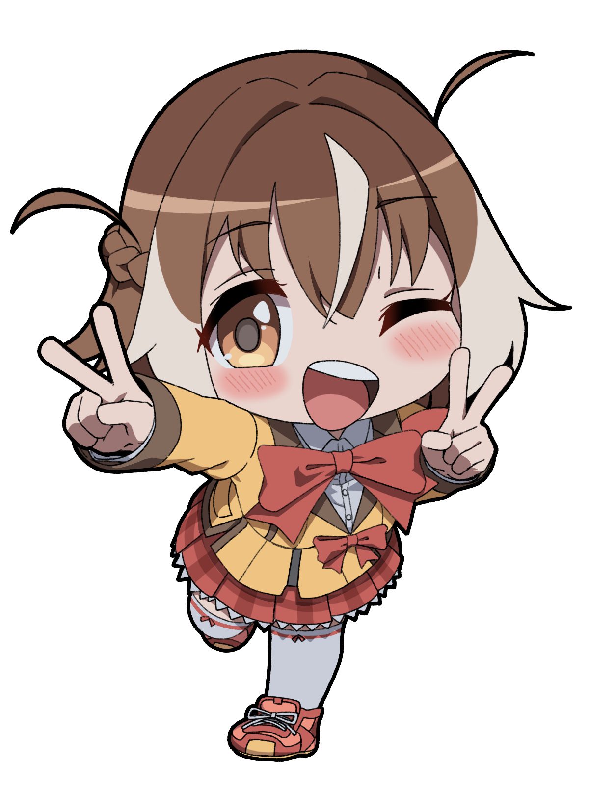 unadon (unadoom), yawaragi hiyori, mahjong fight girl, commentary request, highres, 1girl, ;d, blazer, blush, bow, braid, brown eyes, brown hair, brown jacket, brown shoes, chibi, double v, full body, grey hair, grey thighhighs, jacket, looking at viewer, multicolored hair, one eye closed, open mouth, outstretched arm, plaid clothes, plaid skirt, pleated skirt, red bow, red skirt, school uniform, shoes, simple background, skirt, smile, solo, standing, standing on one leg, thighhighs, two-tone hair, two side up, v, white background