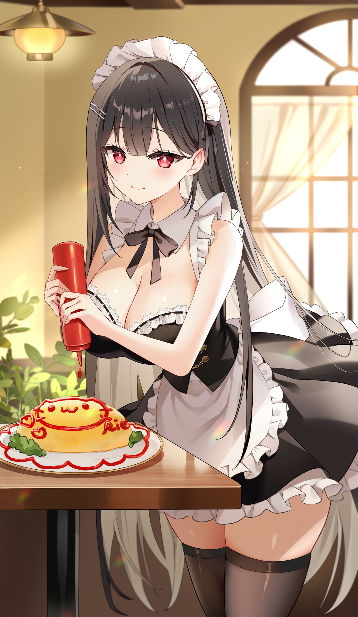 rie (mirae yang), original, absurdres, artist request, highres, 1girl, apron, bare arms, bare shoulders, black hair, bow, bowtie, breasts, bright pupils, brown thighhighs, cleavage, colored inner hair, cowboy shot, detached collar, dress, food, frilled dress, frills, holding, ketchup bottle, large breasts, long hair, looking at viewer, maid, maid apron, maid headdress, multicolored hair, omelet, omurice, red eyes, sleeveless, sleeveless dress, solo, thighhighs, very long hair, waist apron, zettai ryouiki