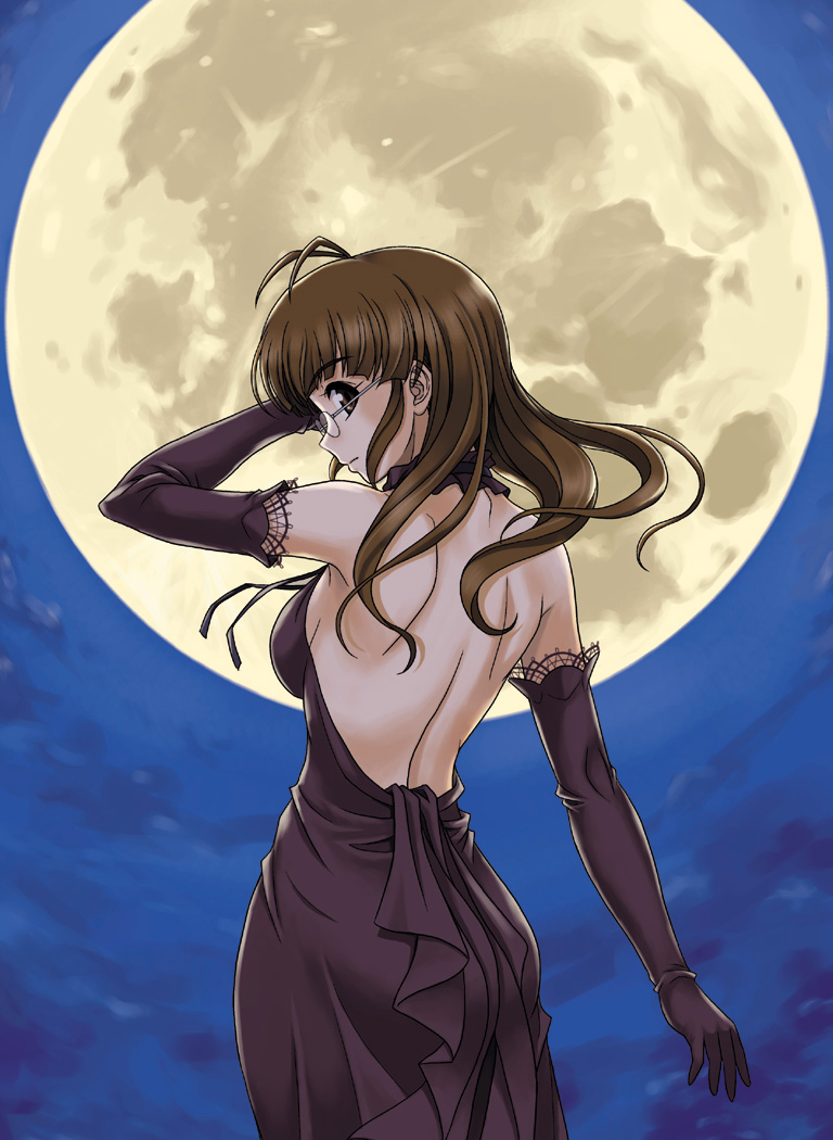 hida tatsuo, akizuki ritsuko, idolmaster, idolmaster (classic), idolmaster 1, 00s, 1girl, alternate costume, antenna hair, arm up, back, backless dress, backless outfit, bare back, bare shoulders, black dress, black gloves, breasts, closed mouth, dress, elbow gloves, evening gown, expressionless, female focus, floating hair, formal clothes, full moon, glasses, gloves, hair down, halterneck, large breasts, looking at viewer, looking back, matching hair/eyes, moon, night, night sky, outdoors, sky, solo