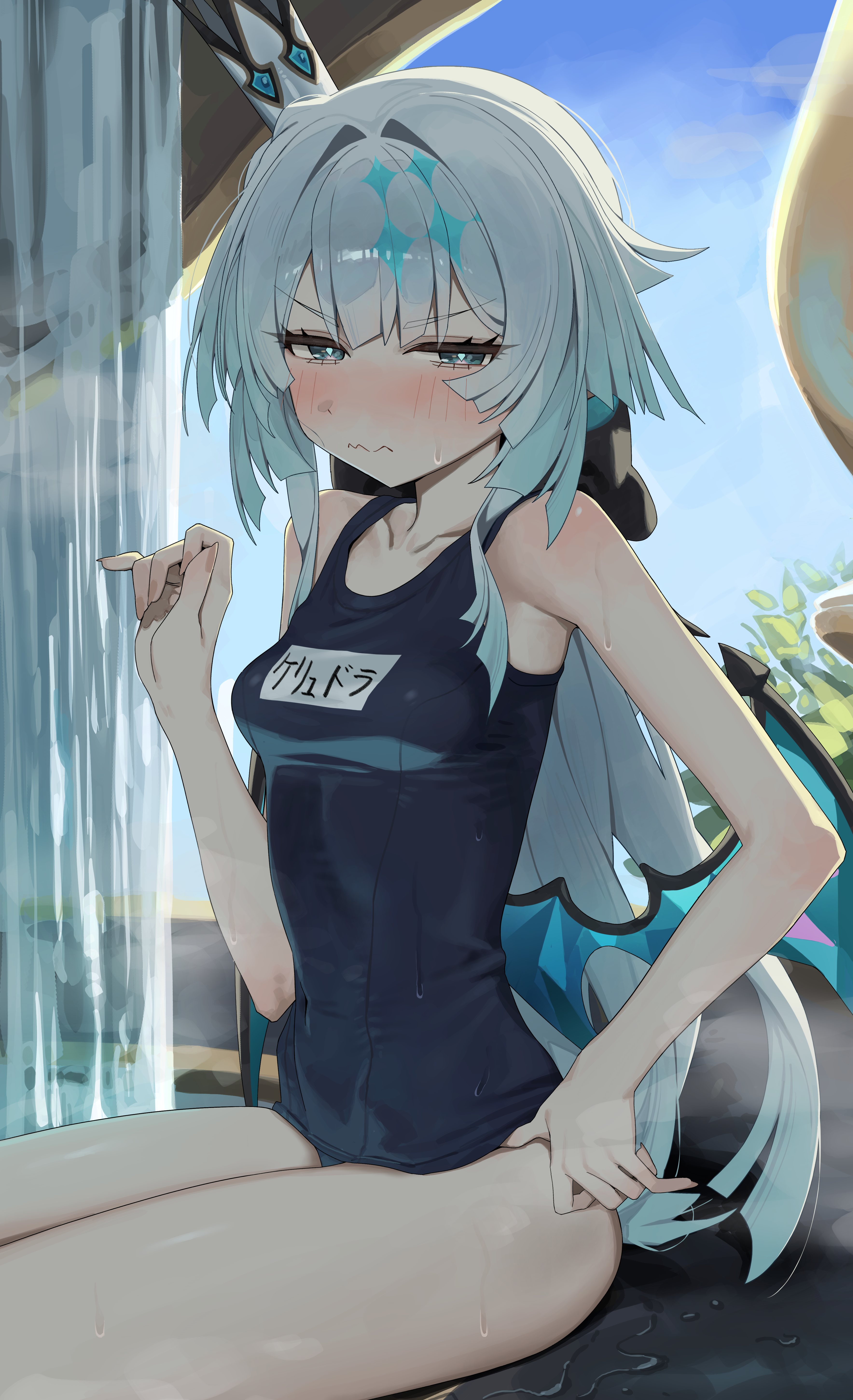 syhan, cerydra (honkai: star rail), honkai: star rail, honkai (series), absurdres, highres, 1girl, bare arms, black one-piece swimsuit, blue eyes, blue hair, blue wings, breasts, covered navel, crown, from side, half-closed eyes, hand up, long hair, looking at viewer, looking to the side, mini crown, one-piece swimsuit, sitting, small breasts, solo, swimsuit, water, wavy hair, wings