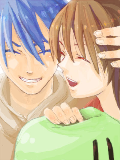 migite, furukawa nagisa, okazaki tomoya, clannad, dango daikazoku, bad id, bad pixiv id, 00s, 1boy, 1girl, blue hair, brown hair, closed eyes, dango, food, husband and wife, wagashi