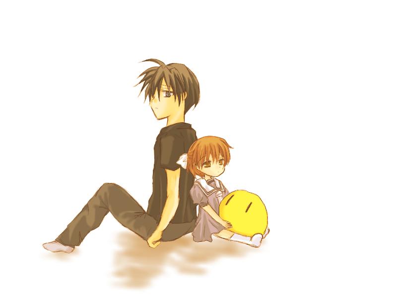 minami to uri to, okazaki tomoya, okazaki ushio, clannad, dango daikazoku, bad id, bad pixiv id, 00s, age difference, back-to-back, brown eyes, brown hair, dango, dress, father and daughter, food, sailor, short hair, wagashi