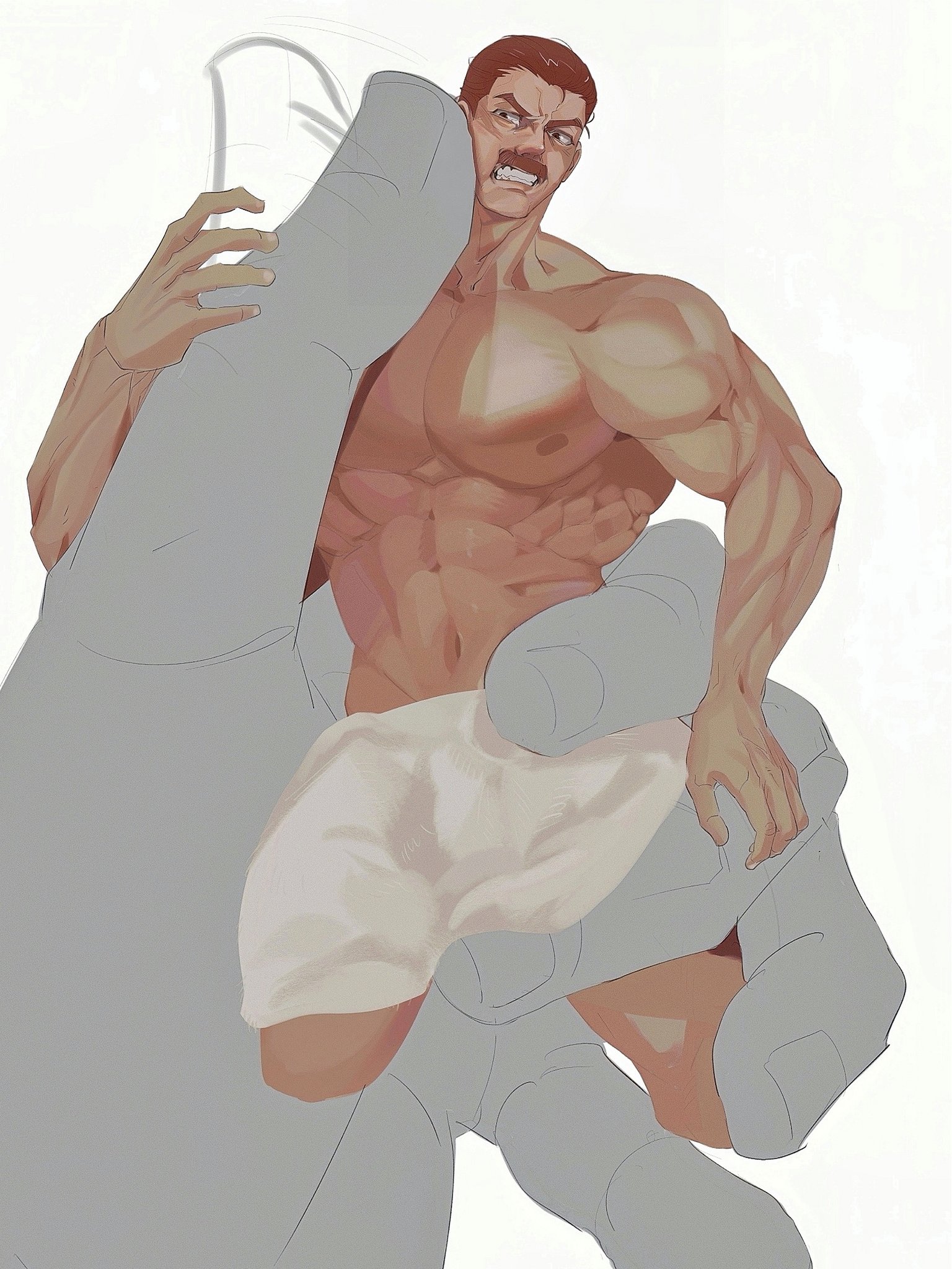 zero (kof), the king of fighters, commentary, highres, symbol-only commentary, 1boy, abs, bara, brown eyes, brown hair, clenched teeth, facial hair, hair slicked back, in palm, laoyanzi, large pectorals, male focus, mature male, mini person, miniboy, muscular, muscular male, mustache, naked towel, pectorals, pov, pov hands, short hair, simple background, solo, teeth, thick eyebrows, towel, v-shaped eyebrows, white background