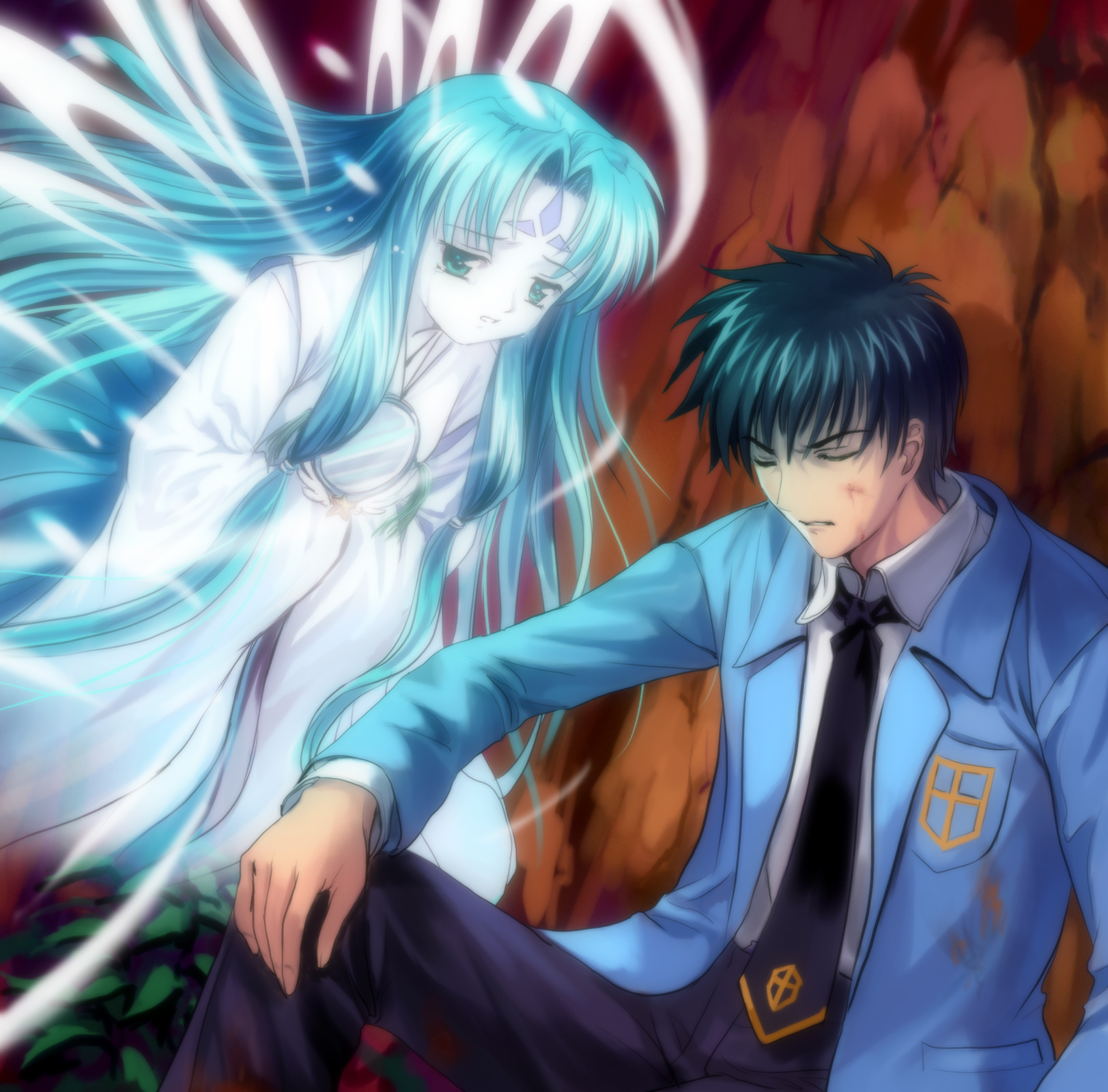 mutsuki (moonknives), clow card, kinomoto touya, mirror (clow card), cardcaptor sakura, kodansha, highres, 1990s (style), 1boy, 1girl, aqua eyes, aqua hair, facial mark, forehead mark, long hair, mirror, retro artstyle, tears, very long hair