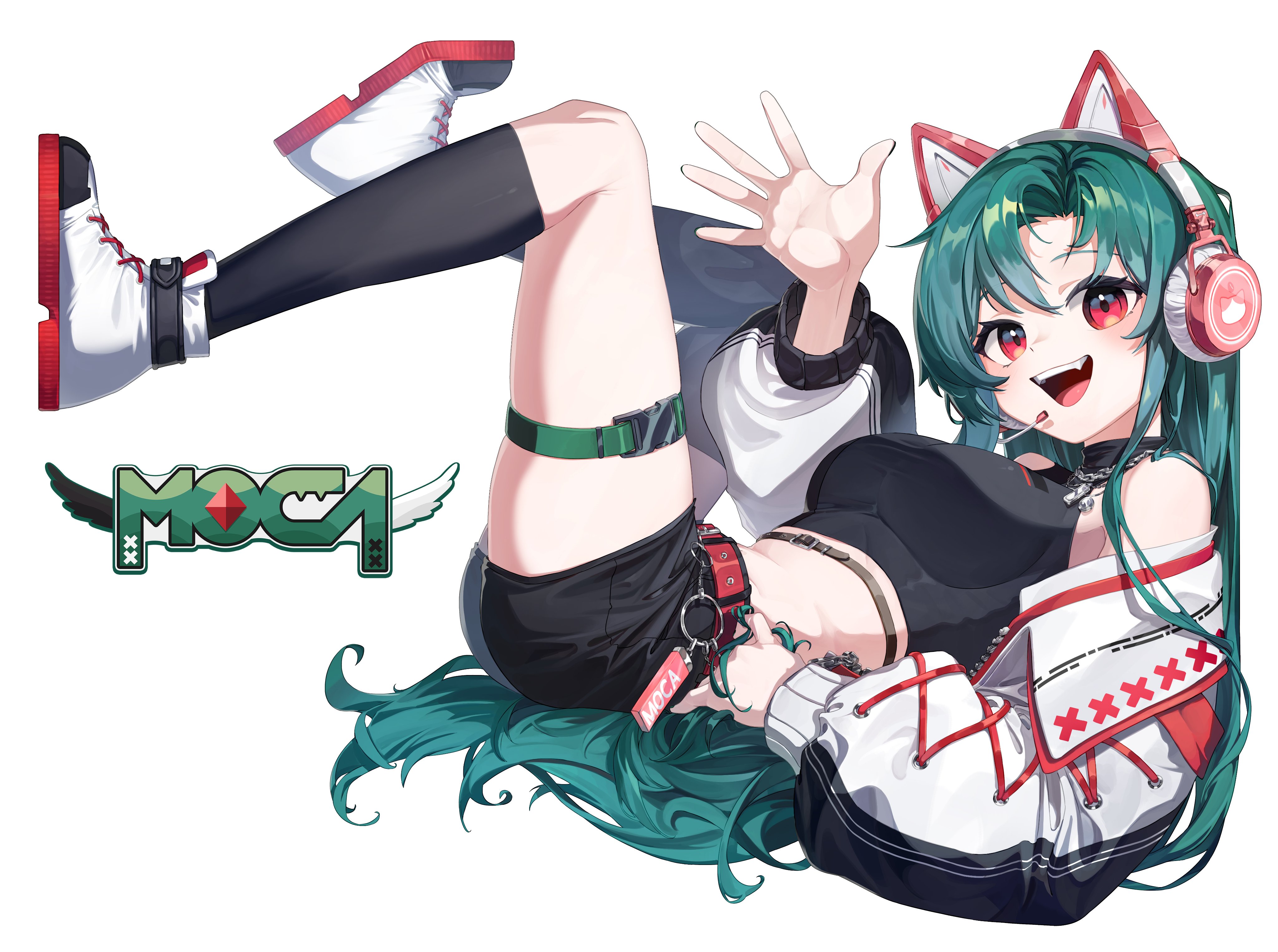 toga (toganawa), indie virtual youtuber, absurdres, highres, 1girl, animal ear headphones, animal ears, belt, black shirt, black shorts, cat ear headphones, cat ears, character name, fake animal ears, green hair, headphones, jacket, long hair, looking at viewer, mocha (vtuber), red belt, red eyes, shirt, shoes, shorts, sleeveless, sleeveless shirt, smile, solo, teeth, thigh strap, upper teeth only, very long hair, virtual youtuber, white jacket, white shoes