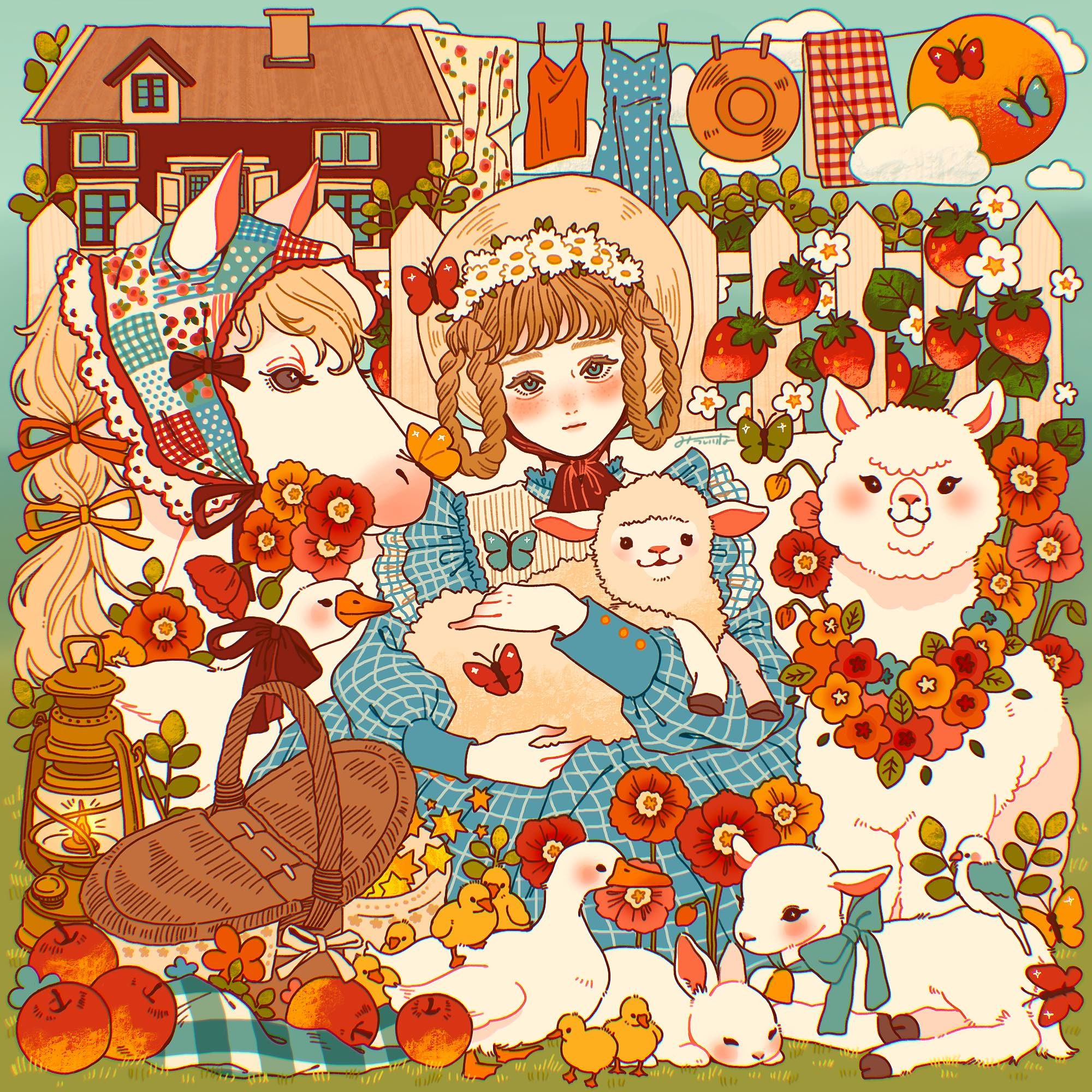 mtirn3373, original, highres, 1girl, animal, animal hug, apple, basket, bird, blue dress, blue eyes, blush, brown hair, bug, butterfly, checkered clothes, checkered dress, closed mouth, clothesline, cloud, day, dress, eyelashes, flower, food, fruit, goose, grass, hair flower, hair ornament, hair rings, hat, horse, house, insect, looking at viewer, outdoors, rabbit, red flower, sheep, sitting, solo, square, strawberry, sun, white flower, white horse, wispy bangs