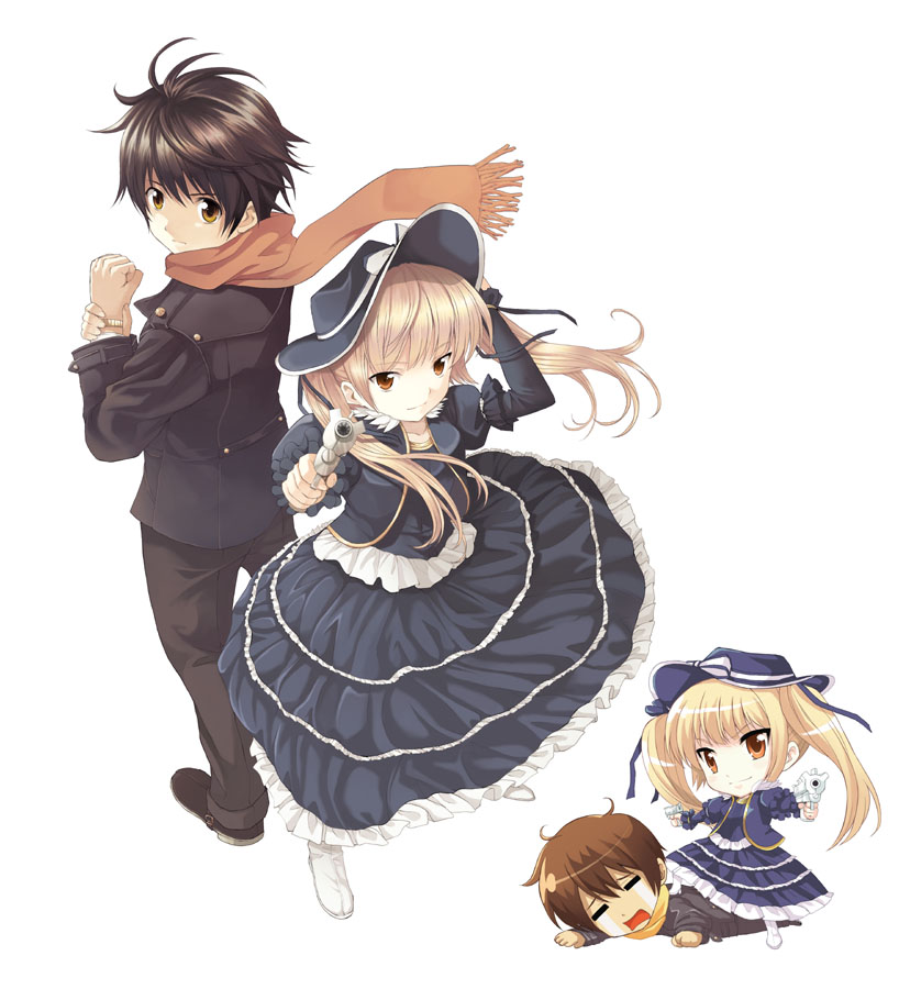 tomozo kaoru, dead soul revolver, 1boy, 1girl, blonde hair, brown hair, gothic lolita, gun, handgun, hat, lolita fashion, pistol, scarf, twintails, weapon
