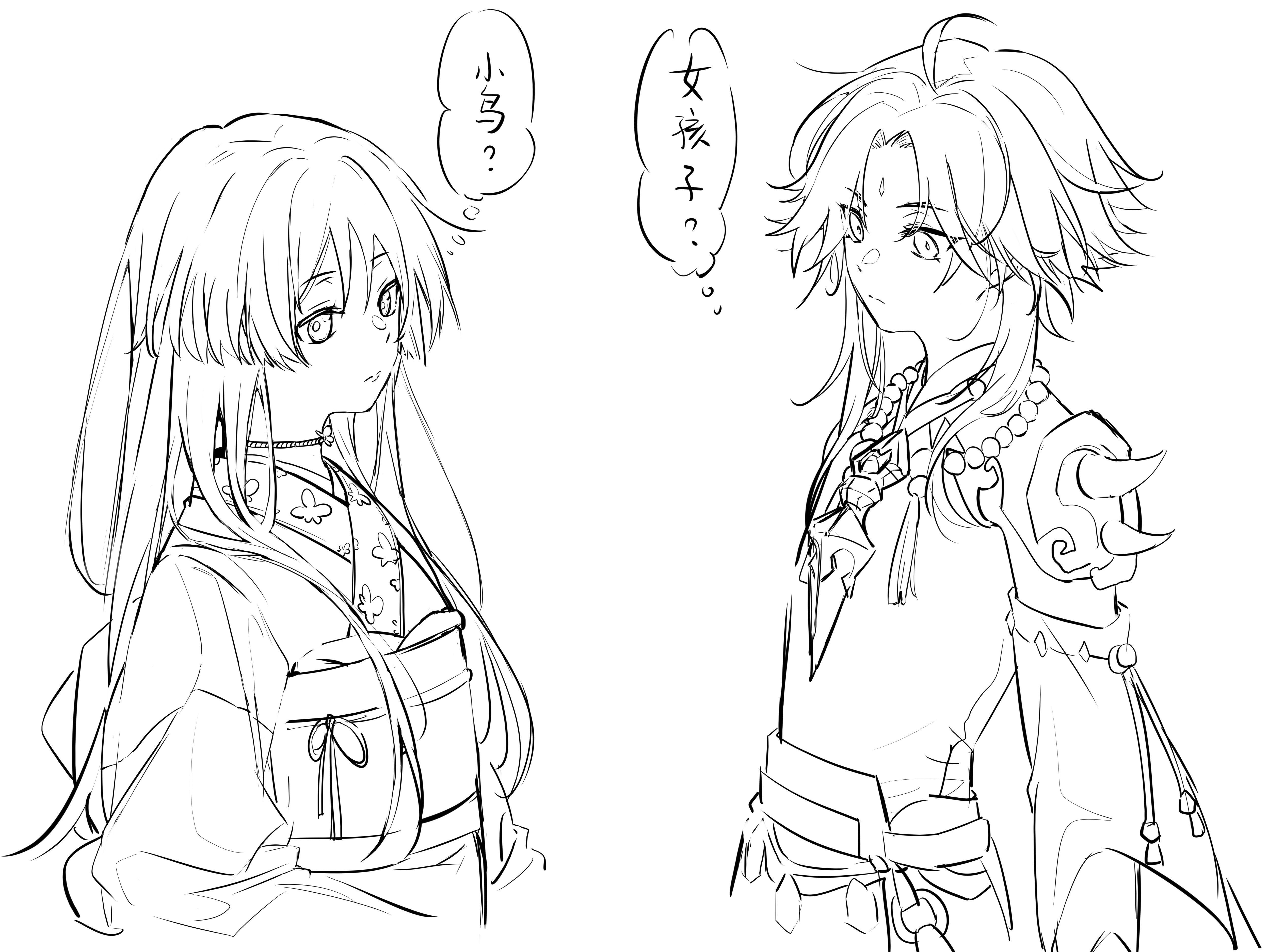scaramouche (genshin impact), scaramouche (kabukimono) (genshin impact), xiao (genshin impact), genshin impact, absurdres, chinese commentary, highres, translation request, 2boys, ahoge, armor, chinese clothes, closed mouth, diamond (gemstone), forehead jewel, friends, hair between eyes, japanese clothes, jewelry, kasann, kimono, long hair, looking at another, monochrome, multiple boys, necklace, parted bangs, sash, short hair, shoulder armor, simple background, speech bubble, thought bubble, white background
