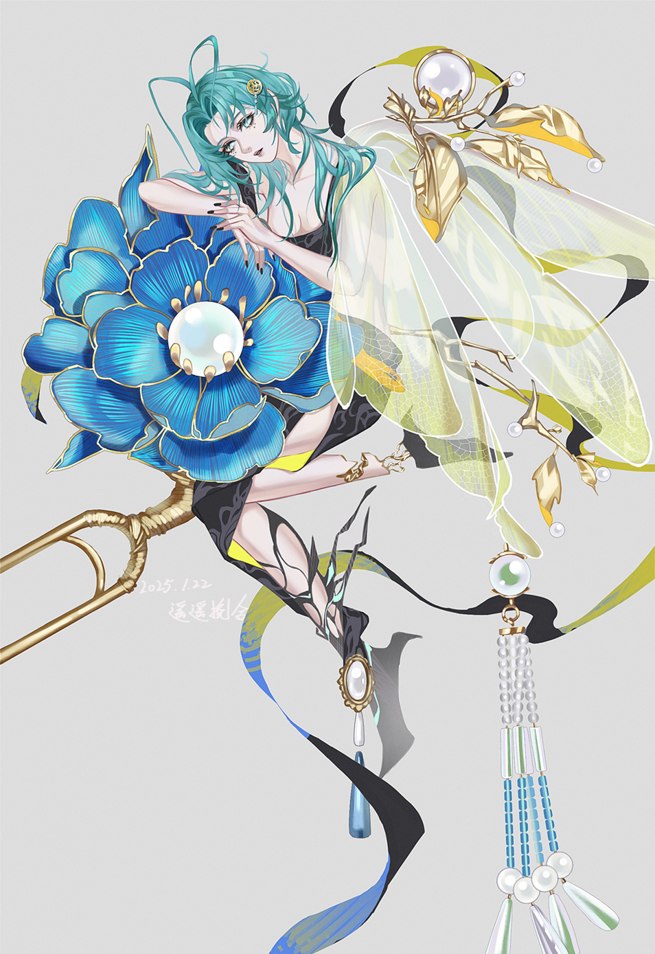 yaoyao wanhe, mantis (path to nowhere), path to nowhere, highres, 1girl, alternate costume, antenna hair, aqua eyes, aqua hair, bare arms, bare shoulders, black dress, black nails, breasts, cleavage, collarbone, cracked skin, dated, detached feet, dress, facial mark, flower, full body, gem, grey background, hair ornament, hairpin, insect wings, looking at viewer, metal flower, midair, nail polish, open mouth, oversized object, pearl (gemstone), peony (flower), signature, simple background, solo, transparent wings, wings