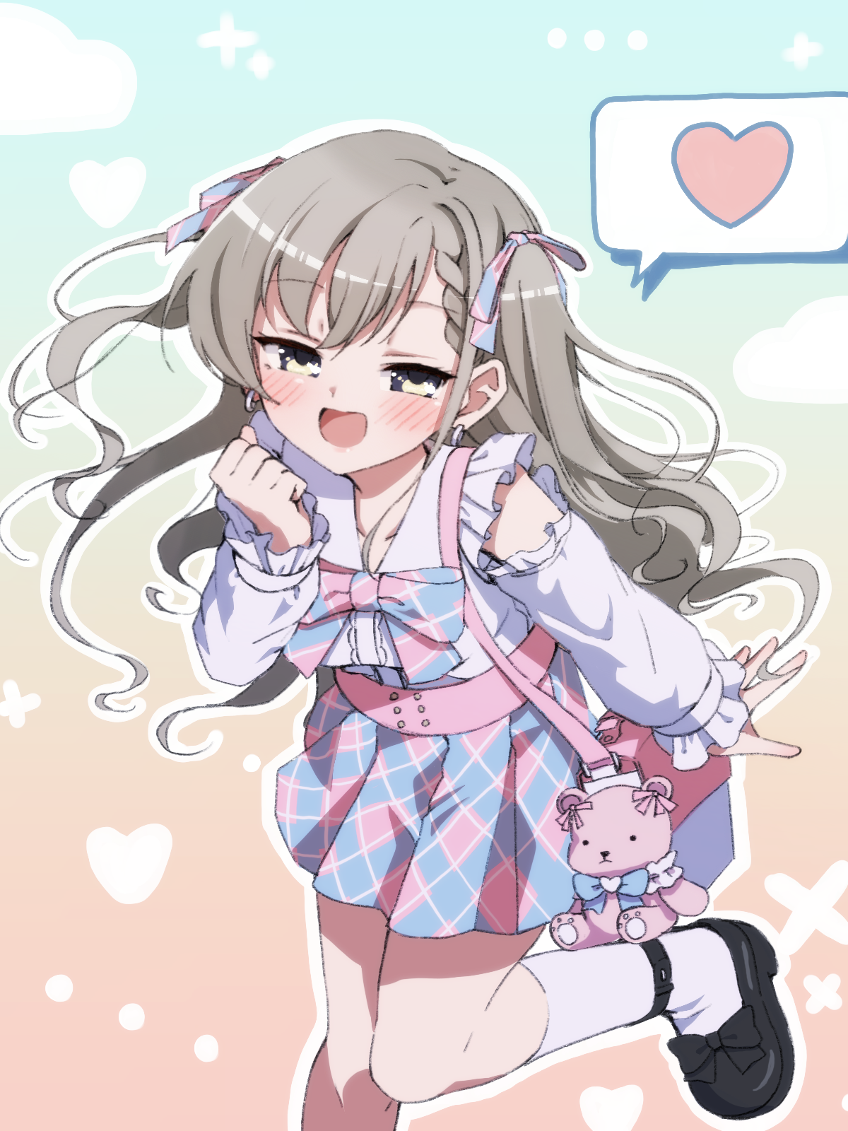 unadon (unadoom), hisakawa hayate, idolmaster, idolmaster cinderella girls, idolmaster cinderella girls starlight stage, commentary request, highres, 1girl, :d, bag, bag charm, black shoes, blue bow, blue skirt, blush, bow, braid, braided bangs, brown background, brown eyes, brown hair, charm (object), clenched hand, collared shirt, feet out of frame, gradient background, green background, half-closed eyes, hand up, heart, knees together feet apart, long sleeves, looking at viewer, open mouth, plaid bow, plaid clothes, plaid skirt, pleated skirt, puffy long sleeves, puffy sleeves, shirt, shoes, shoulder bag, skirt, sleeves past wrists, smile, socks, solo, spoken heart, standing, standing on one leg, stuffed animal, stuffed toy, teddy bear, two side up, white shirt, white socks