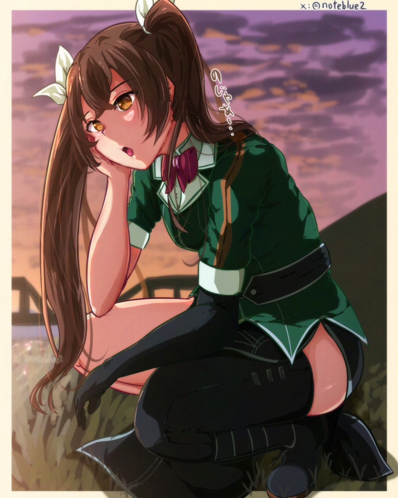 noteblue, tone (kancolle), tone kai ni (kancolle), kantai collection, 1girl, black gloves, black thighhighs, breasts, brown eyes, brown hair, elbow gloves, evening, gloves, hair between eyes, hair ribbon, long hair, medium breasts, open mouth, outdoors, pelvic curtain, ribbon, single elbow glove, single glove, single thighhigh, solo, squatting, thighhighs, twintails, very long hair, white ribbon