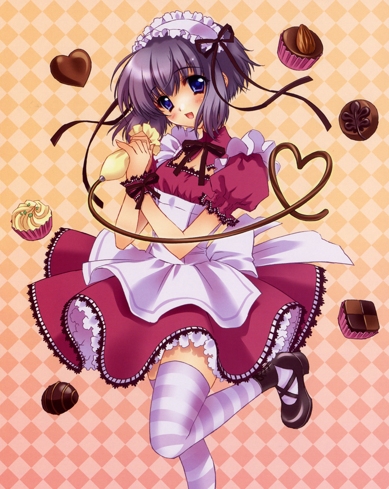carnelian, blush, chocolate, maid, short hair, solo, striped clothes, striped thighhighs, thighhighs, zettai ryouiki