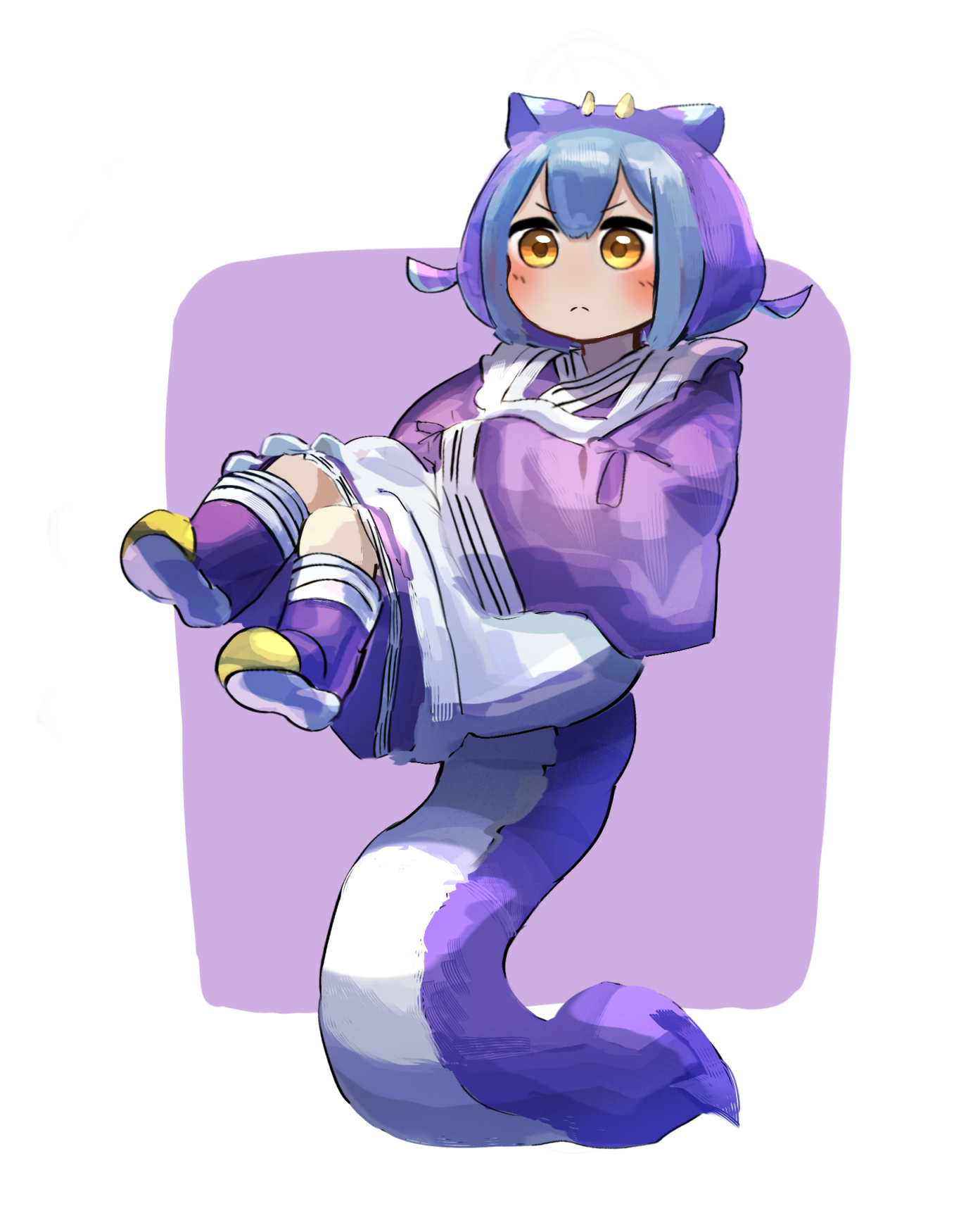 hatano kiyoshi, laundry dragonmaid, yu-gi-oh!, highres, 1girl, apron, blue hair, blush, boots, closed mouth, dragon girl, dragon horns, dragon tail, duel monster, hair between eyes, horns, japanese clothes, kimono, long hair, long sleeves, maid, maid apron, multicolored hair, purple boots, purple hair, purple kimono, short twintails, simple background, solo, tail, twintails, wa maid, white apron, yellow eyes