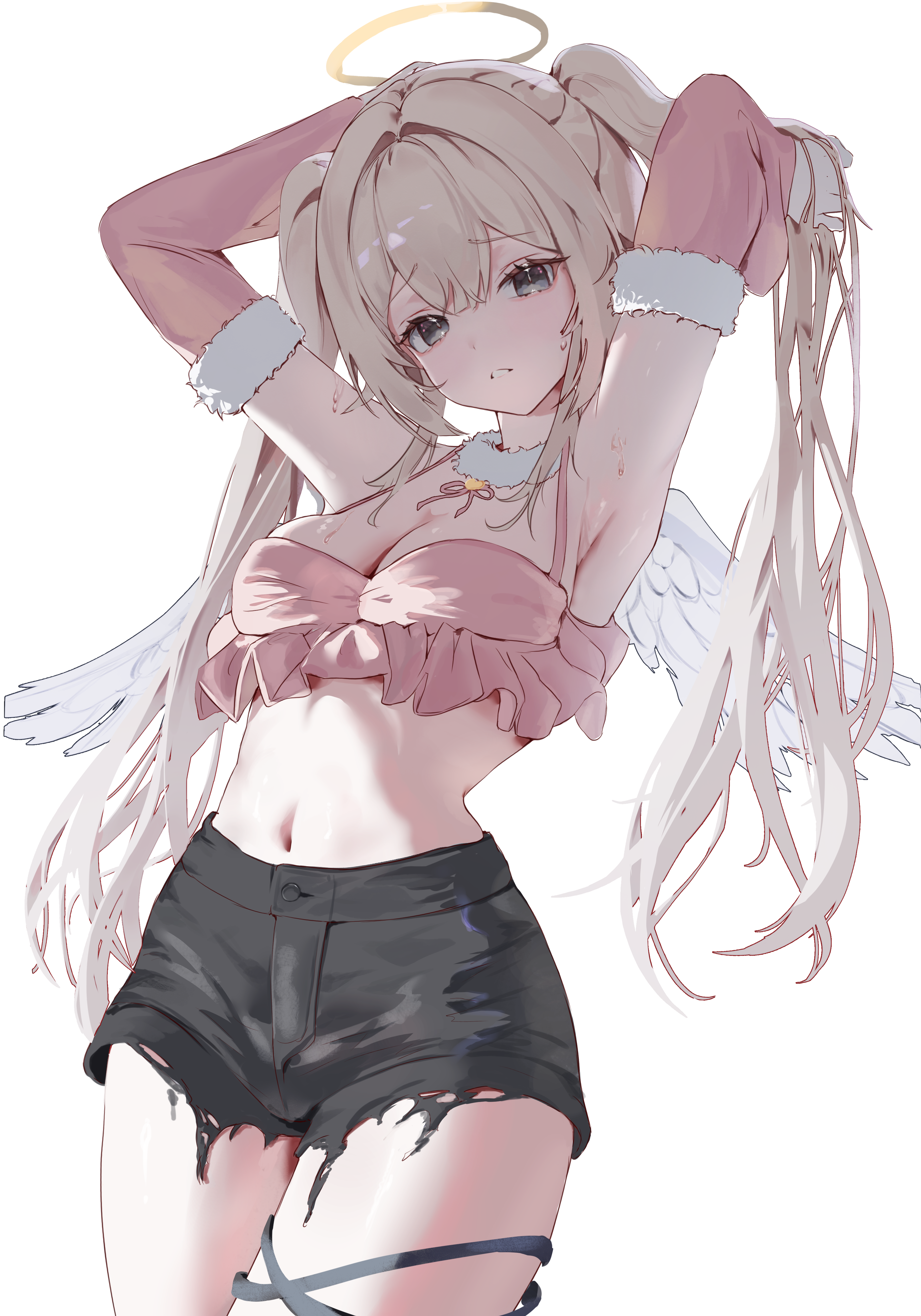 unfox 9, original, absurdres, artist request, check artist, commission, highres, 1girl, armpits, arms behind head, arms up, bare shoulders, black eyes, black shorts, blonde hair, breasts, cleavage, cowboy shot, crop top, detached sleeves, feathered wings, frilled shirt, frills, fur-trimmed sleeves, fur collar, fur trim, halo, long hair, long sleeves, looking at viewer, medium breasts, midriff, navel, parted lips, pink shirt, shirt, short shorts, shorts, simple background, sleeveless, sleeveless shirt, solo, stomach, sweat, thighs, torn clothes, torn shorts, twintails, white background, wings