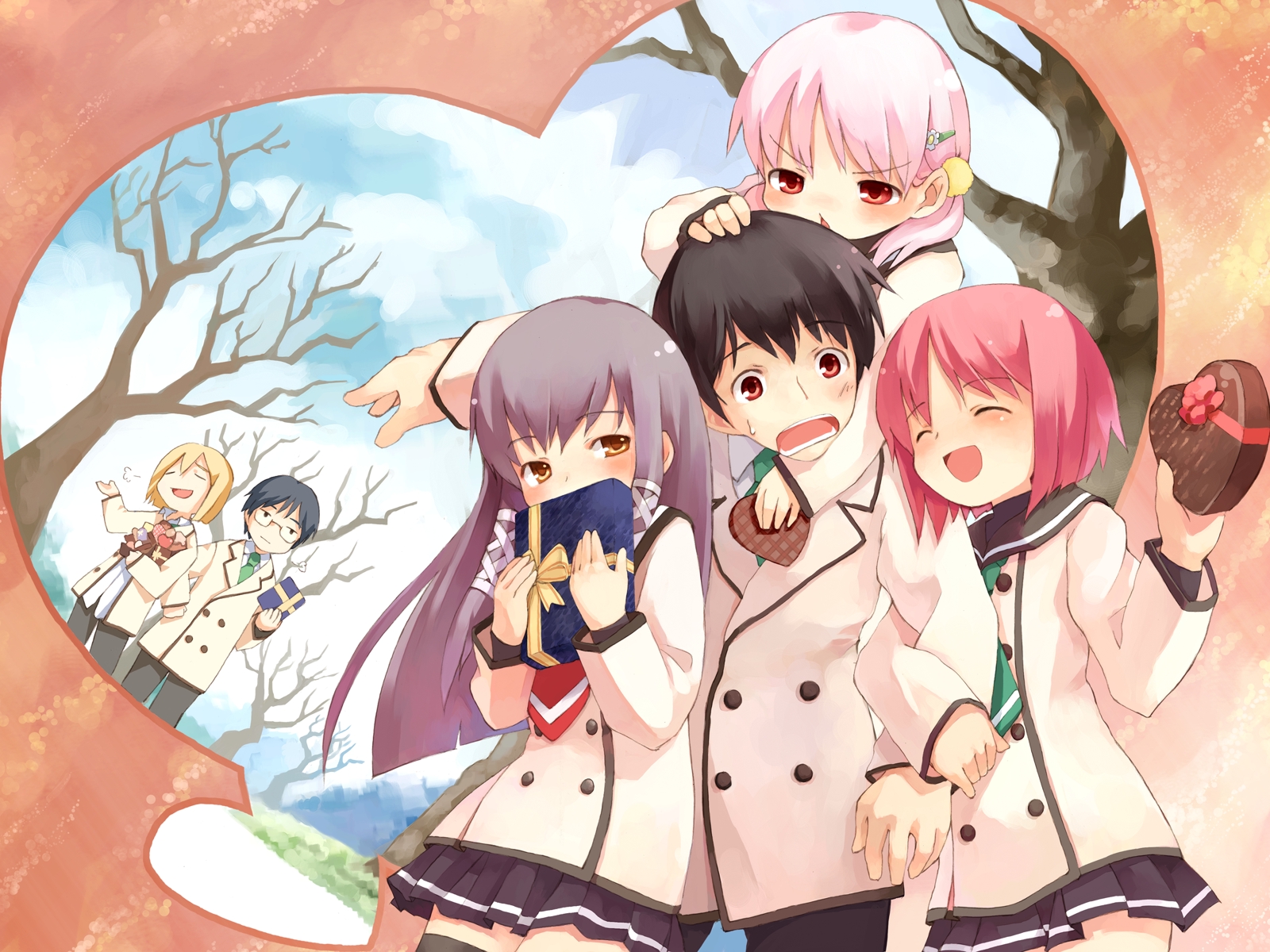 akino momiji, harasaki ryouma, kiriyama keigo, kiriyama sakura, sera karen, sera kunihiko, sakura musubi, highres, 3boys, 3girls, black hair, blonde hair, blush, chocolate, gift, glasses, grey hair, heart, holding, holding gift, long hair, multiple boys, multiple girls, pink hair, red eyes, school uniform, short hair, skirt, thighhighs, tree, valentine, yellow eyes