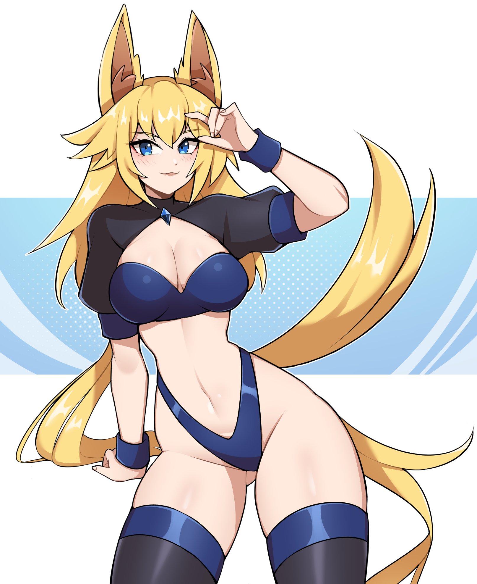 oninuer, original, commentary, commission, english commentary, highres, 1girl, animal ear fluff, animal ears, black shrug, black thighhighs, blonde hair, blue bra, blue eyes, blue panties, bra, breasts, cleavage, closed mouth, cowboy shot, fox ears, fox girl, fox tail, groin, hand up, highleg, highleg panties, large breasts, long hair, looking at viewer, panties, shrug (clothing), smile, solo, stomach, tail, thighhighs, underwear, white background