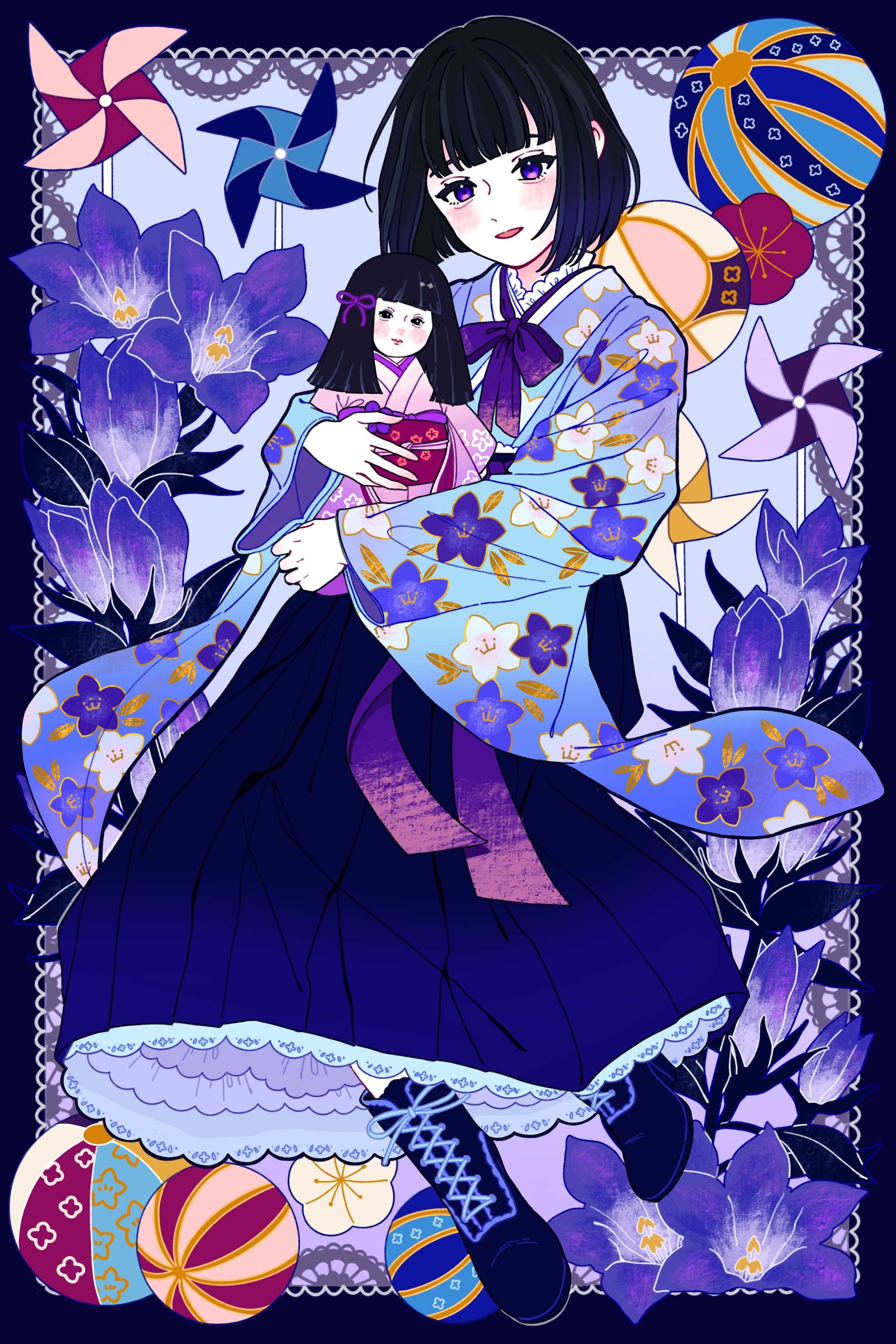 mtirn3373, original, absurdres, highres, 1girl, aegyo sal, blunt bangs, blush, boots, doll, eyelashes, flower, frills, full body, gradient hair, japanese clothes, long skirt, long sleeves, looking at viewer, multicolored hair, pinwheel, purple eyes, purple flower, short hair, skirt, solo, wide sleeves