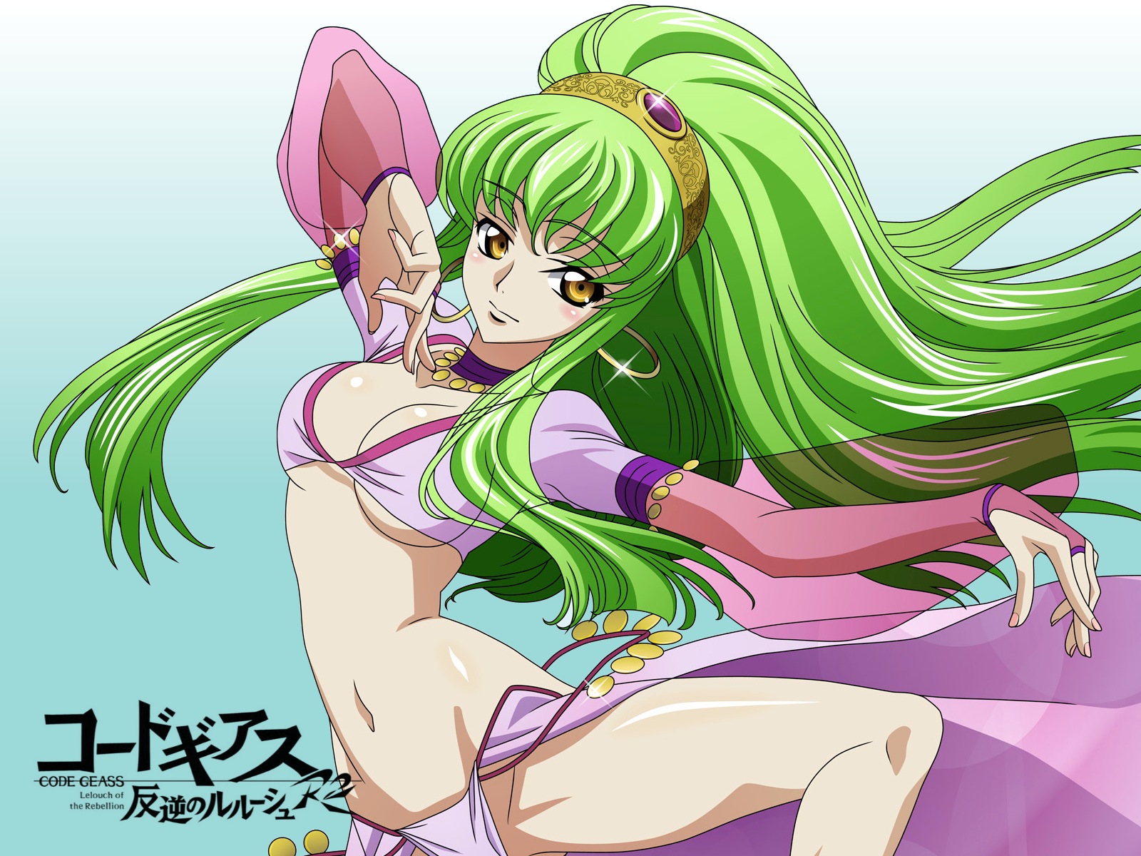 c.c., code geass, highres, 00s, 1girl, arabian clothes, dancer, female focus, green hair, hairband, jewelry, long hair, lots of jewelry, no panties, see-through clothes, solo, yellow eyes