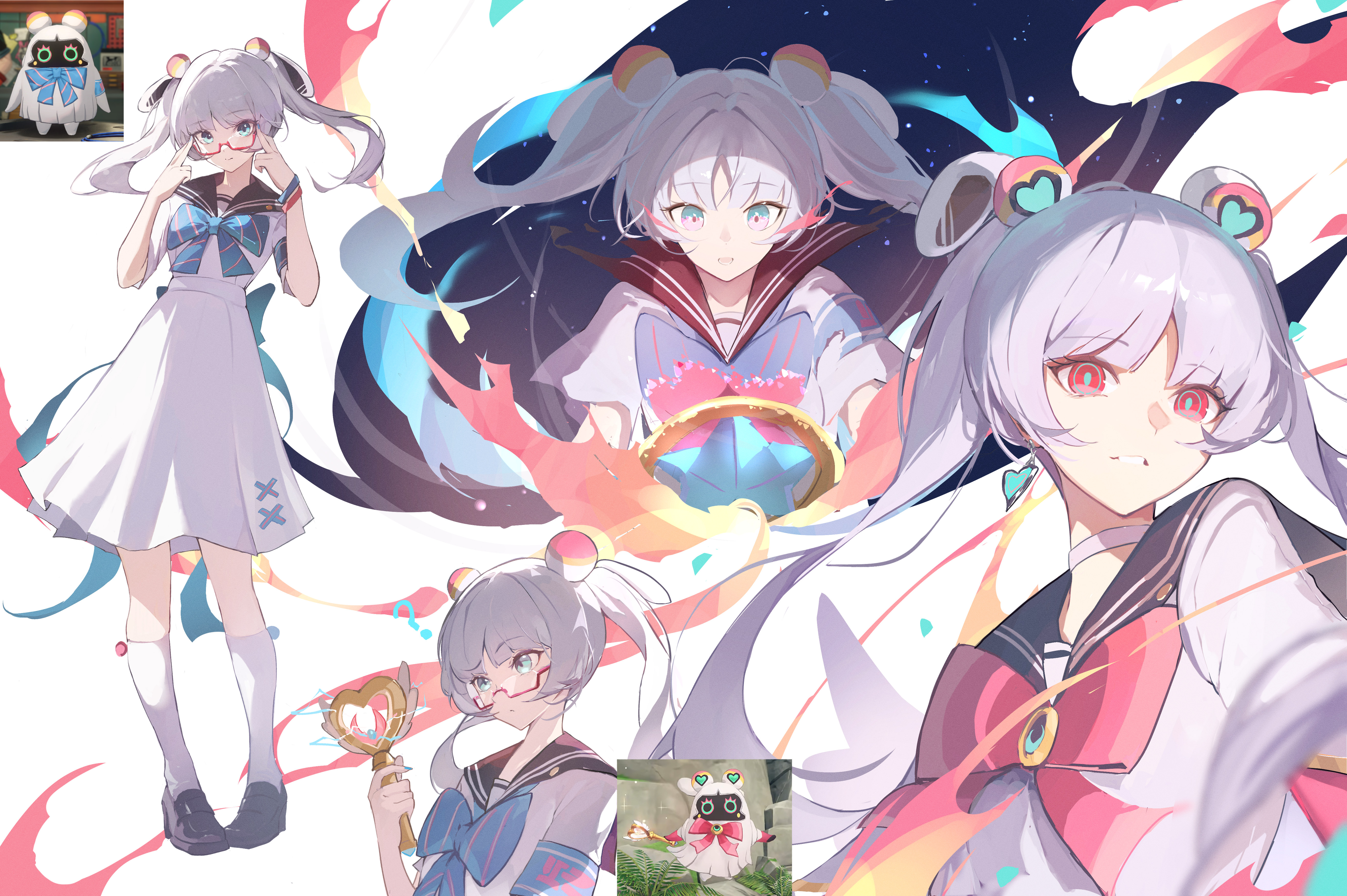 jiang zhuti jiojio, bangboo (zenless zone zero), miss esme (zenless zone zero), zenless zone zero, absurdres, commentary request, highres, 1girl, black sailor collar, black shoes, blue bow, blue eyes, bow, choker, dress, game screenshot inset, holding, holding wand, kneehighs, long hair, magical girl, multiple views, personification, red bow, red eyes, sailor collar, sailor dress, semi-rimless eyewear, shoes, simple background, smile, socks, twintails, under-rim eyewear, wand, white background, white choker, white hair, white socks