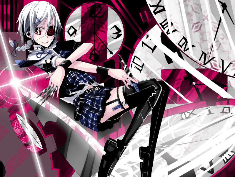 koto (kotocotton), izayoi sakuya, touhou, plaid, silver hair, bad id, bad pixiv id, 1girl, braid, clock, eyepatch, female focus, garter belt, knife, red eyes, short hair, solo, thighhighs, throwing knife, twin braids, weapon