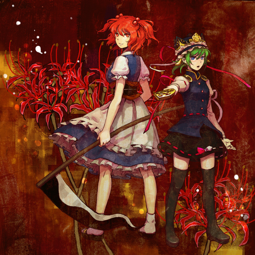 nayuko, onozuka komachi, shiki eiki, touhou, bad id, bad pixiv id, 2girls, blue eyes, female focus, flower, full body, green hair, multiple girls, plant, pointing, red eyes, red flower, red hair, ribbon, rod of remorse, sandals, scythe, spider lily, standing, thighhighs, zettai ryouiki, zouri