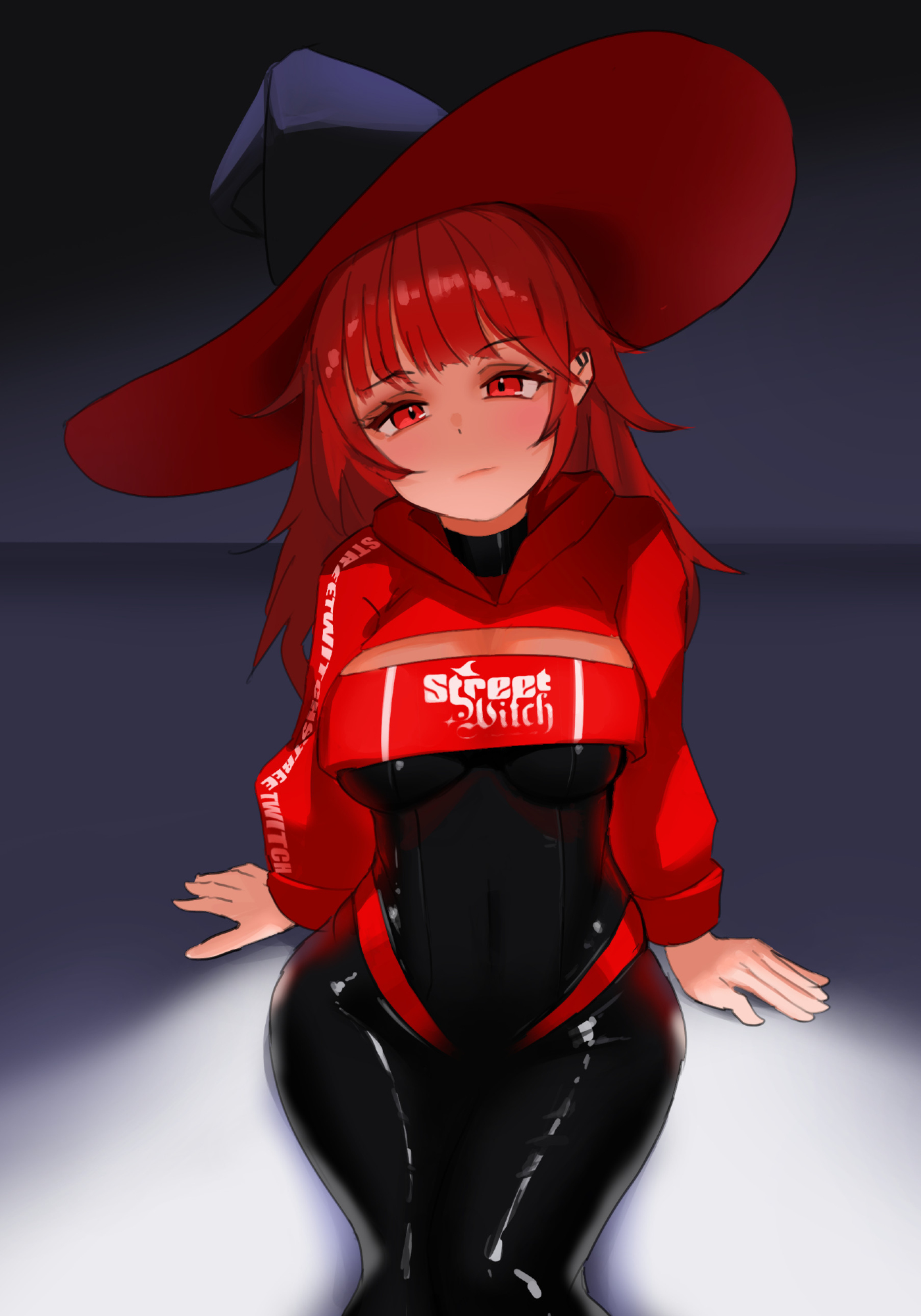 tastelikenyan, val (yan kodiac), original, highres, 1girl, black bodysuit, blush, bodysuit, borrowed character, breasts, closed mouth, cropped jacket, expressionless, hat, jacket, long hair, looking at viewer, medium breasts, red eyes, red hair, red jacket, sitting, skin tight, solo, witch hat