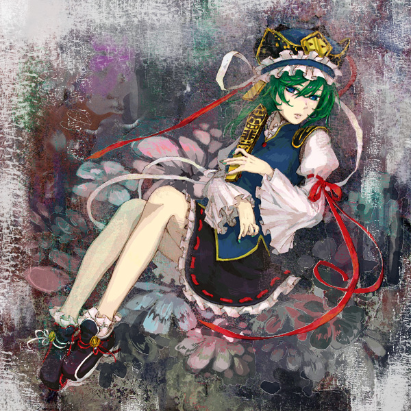 nayuko, shiki eiki, touhou, bad id, bad pixiv id, 1girl, asymmetrical clothes, blue eyes, female focus, flower, full body, green hair, hat, legs, plant, ribbon, rod of remorse, sitting, solo