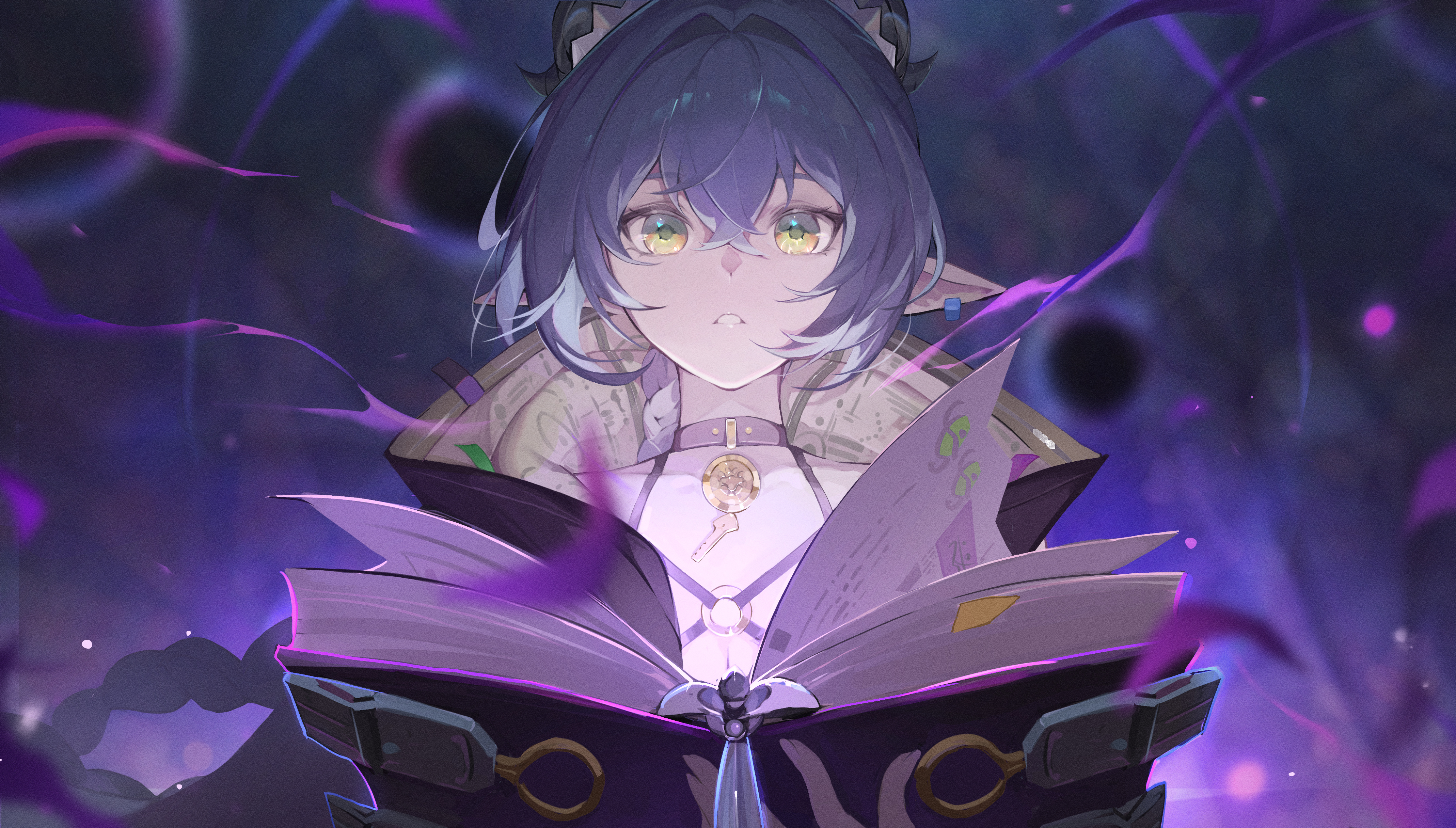 jiang zhuti jiojio, lucia elowen, zenless zone zero, absurdres, commentary request, highres, 1girl, book, braid, breasts, choker, cleavage, goat girl, goat horns, green eyes, hair between eyes, horns, long hair, looking at viewer, o-ring, o-ring top, open book, pointy ears, purple hair, solo, turning page, upper body, yellow eyes