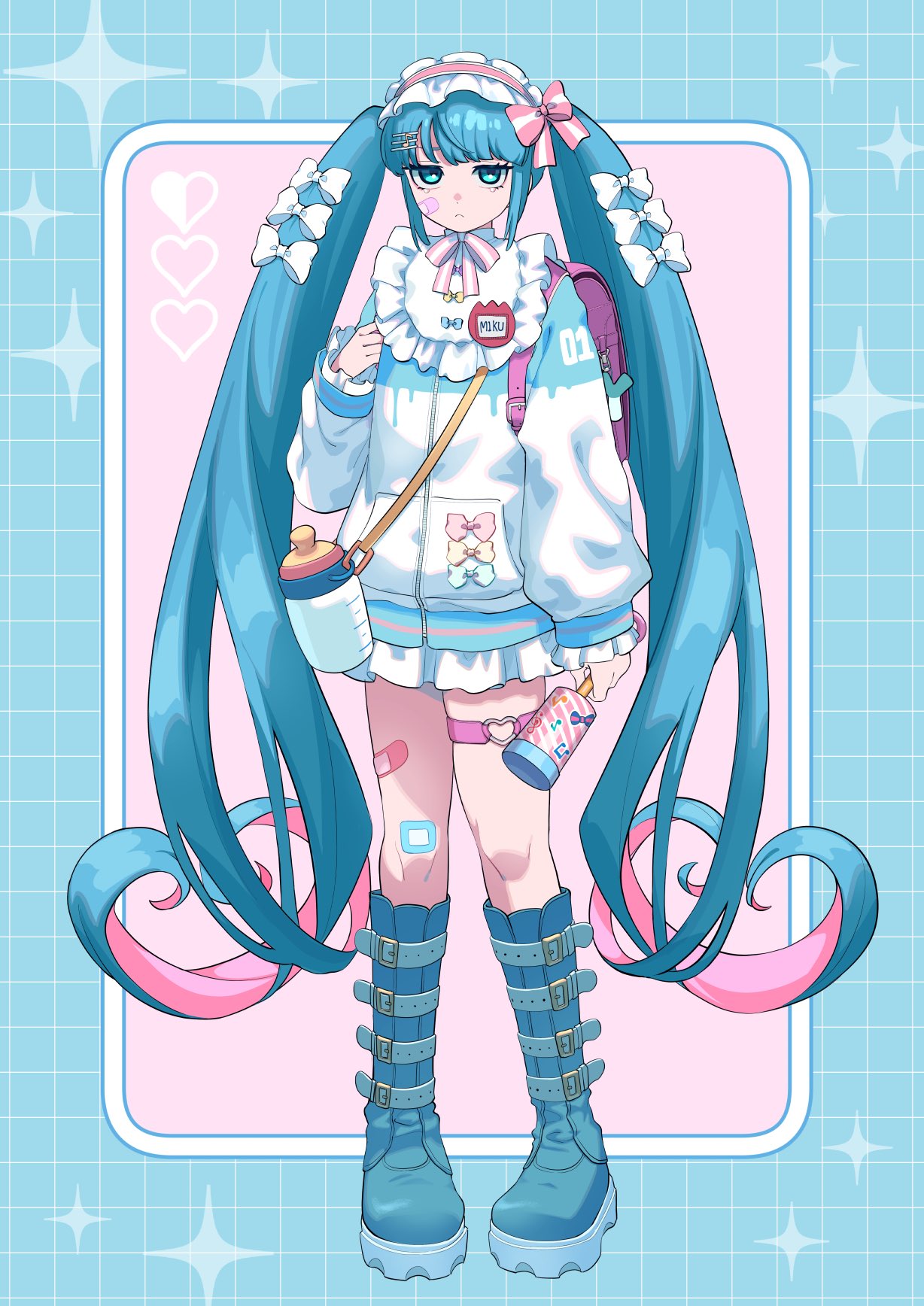 toyogaippai, hatsune miku, vocaloid, commentary request, highres, 1girl, aqua eyes, aqua hair, baby bottle, bag, bandaid, bandaid on leg, blue boots, blue jacket, boots, bottle, bow, colored inner hair, crossbody bag, cute x subculture hatsune miku design contest, fashion, full body, hair bow, hairband, heart, heart o-ring, heisei retro, holding, holding rattle, jacket, jojifuku, lolita hairband, long hair, long sleeves, looking at viewer, miniskirt, multicolored hair, o-ring, rattle, skirt, solo, standing, tenshi kaiwai, thigh strap, track jacket, twintails, very long hair, white bow, white skirt, yume kawaii