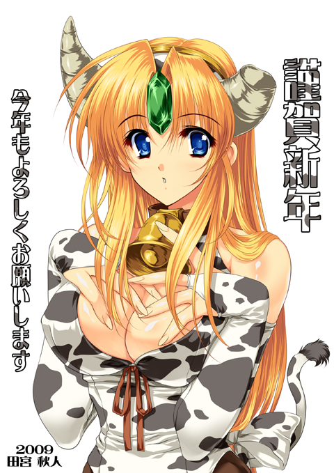 tamiya akito, riesz, seiken densetsu, seiken densetsu 3, 00s, 1girl, 2009, animal print, bell, blonde hair, blue eyes, breasts, bridal gauntlets, cleavage, cleavage cutout, clothing cutout, collar, cow print, cow tail, cowbell, elbow gloves, female focus, fingerless gloves, gloves, horns, kotoyoro, large breasts, long hair, midriff, neck bell, new year, solo, tail