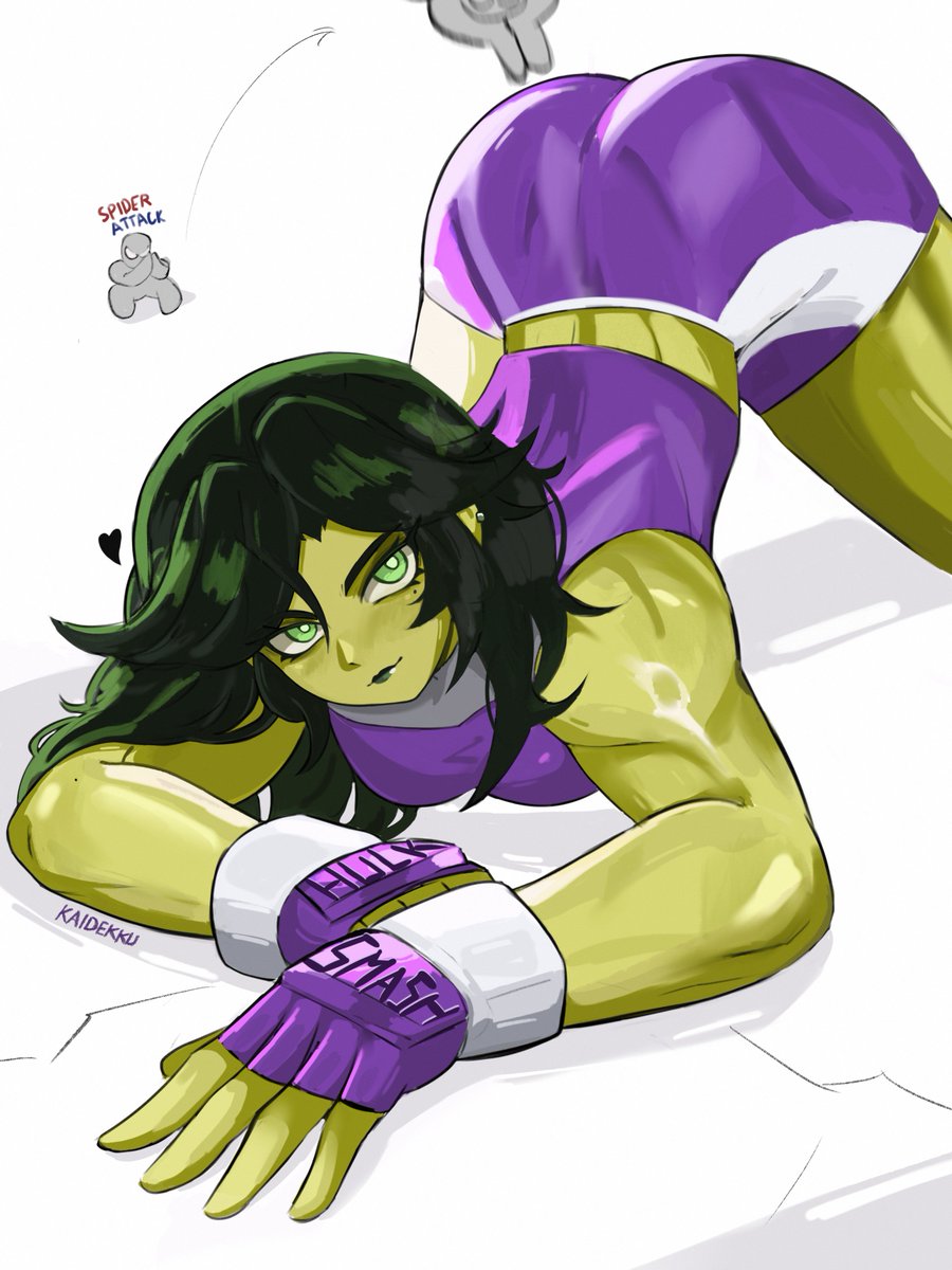 kaidekku, jennifer walters, she-hulk, spider-man, marvel, spider-man (series), commentary, english commentary, highres, 1boy, 1girl, artist name, closed mouth, colored skin, english text, fingerless gloves, gloves, green eyes, green hair, green skin, heart, jack-o' challenge, long hair, looking at viewer, marvel: cosmic invasion, mole, mole under eye, purple gloves, purple shirt, purple shorts, shirt, shorts, sleeveless, sleeveless shirt, smile