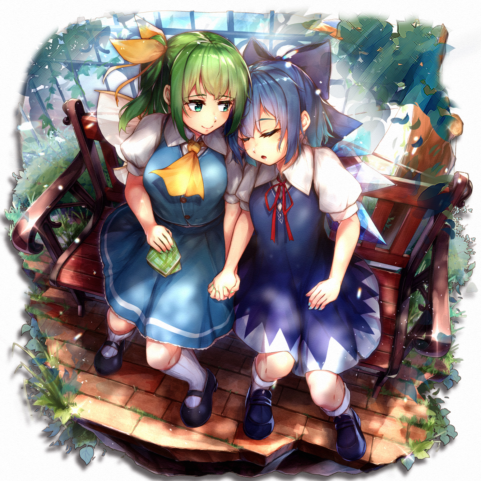 marutenmaruten, cirno, daiyousei, touhou, commentary request, highres, partial commentary, 2girls, aqua skirt, aqua vest, ascot, bare arms, black shoes, blue bow, blue dress, blue hair, blush, bow, breasts, brick road, detached wings, dress, fairy, fairy wings, falling leaves, fingernails, full body, green hair, hair bow, hair ribbon, handkerchief, holding hands, ice, ice wings, interlocked fingers, kneehighs, leaf, leaning on person, loafers, looking at another, mary janes, medium breasts, multiple girls, multiple wings, nail polish, neck ribbon, on bench, one side up, pinafore dress, puffy short sleeves, puffy sleeves, red ribbon, ribbon, shirt, shoes, short sleeves, sitting, skirt, skirt set, sleeping, sleeveless, sleeveless dress, smile, socks, vest, white shirt, white socks, wings, yellow ascot, yellow ribbon