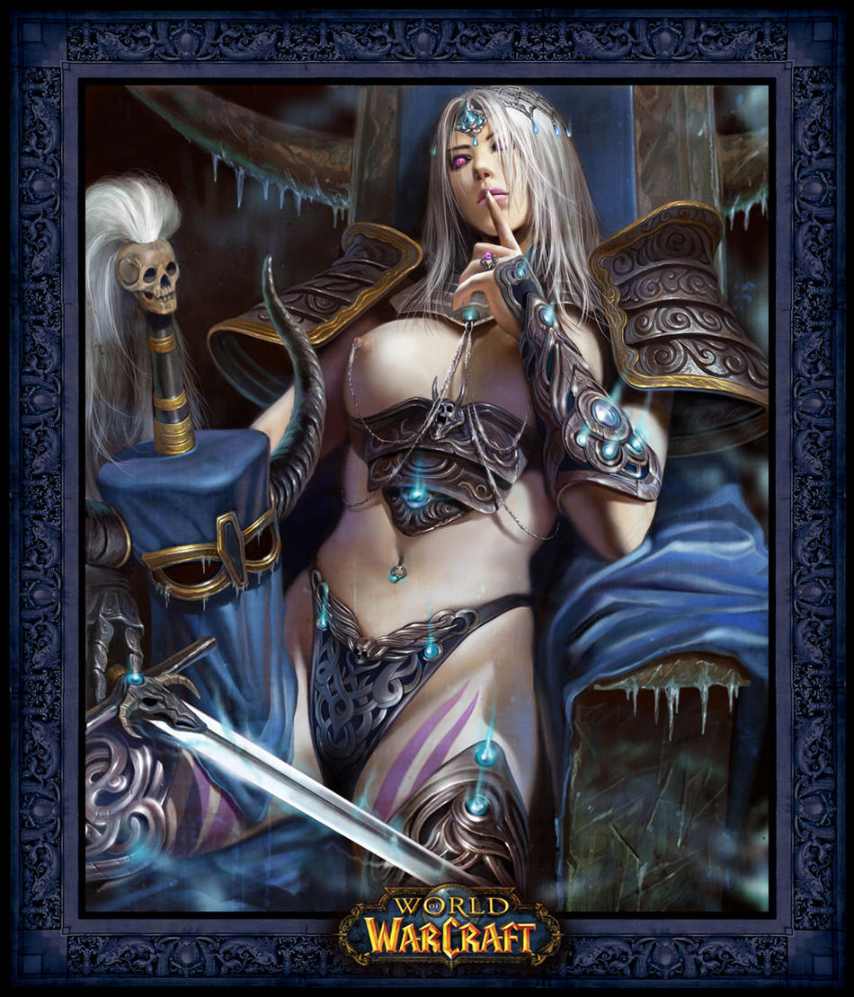 azazel1944, lady blaumex, warcraft, world of warcraft, jewerly, tall, topless, armor, breastplate, chain, gauntlets, grey hair, horns, nipple piercing, nipples, pauldrons, piercing, purple eyes, shoulder armor, skull, sword, thighhighs, waist cincher, weapon, white hair