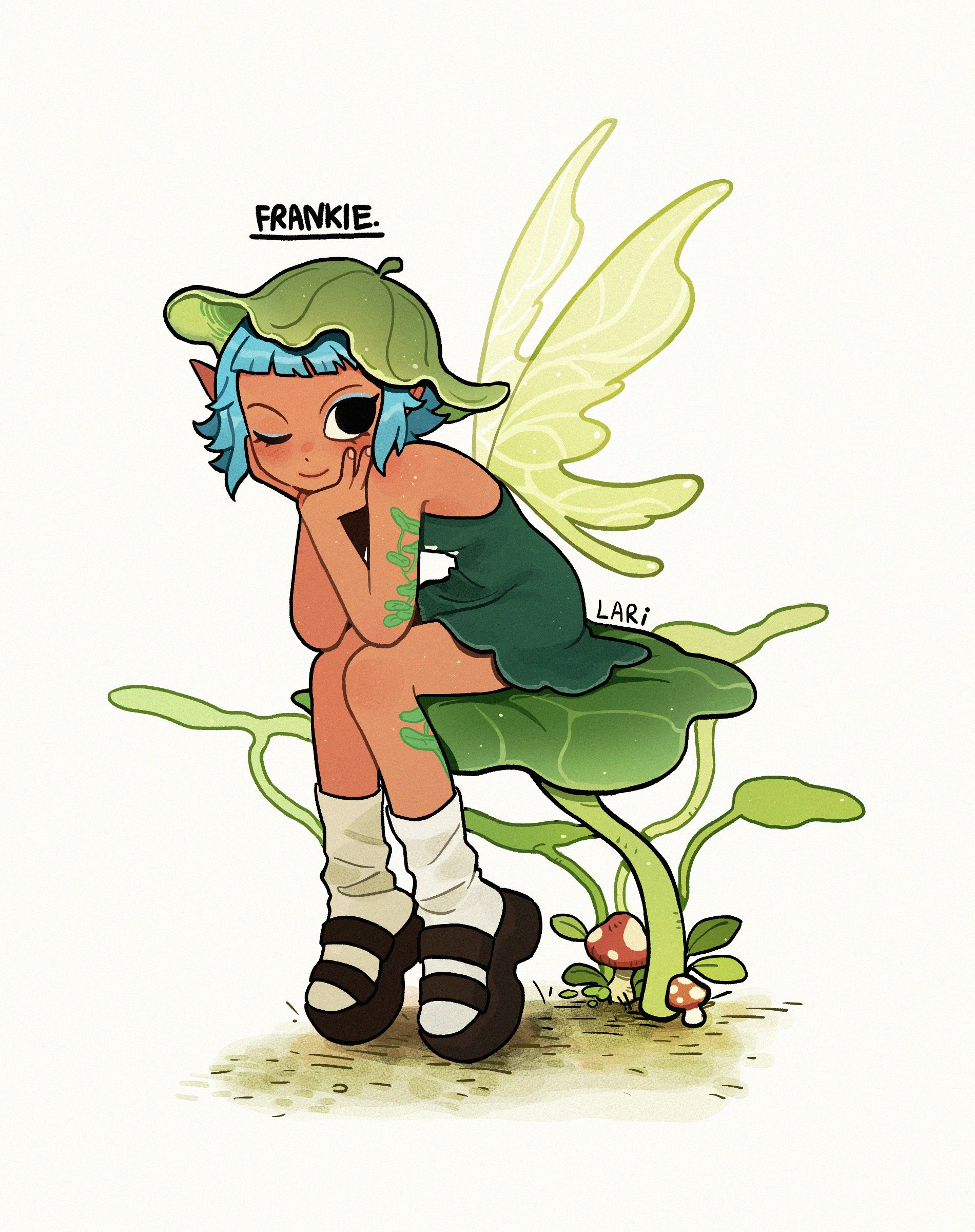 lariily, pop mart, absurdres, commentary, english commentary, highres, 1girl, aqua hair, black eyes, black sandals, character name, dark-skinned female, dark skin, dress, fairy, fairy wings, fantasy, frankie (peach riot), green dress, green hat, hat, leaf, loose socks, mushroom, one eye closed, peach riot (popmart), platform sandals, sandals, short hair, sidelocks, simple background, sitting, socks, solo, tattoo, white background, white socks, wings