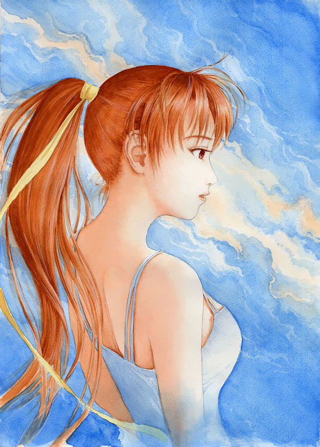 kasumi (doa), dead or alive, tecmo, brown eyes, brown hair, dress, long hair, ponytail, portrait, solo